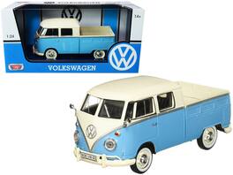 Volkswagen Type 2 (T1) Double Cab Pickup Truck Light Blue and Cream 1/24 Diecast Model Car by Motormax