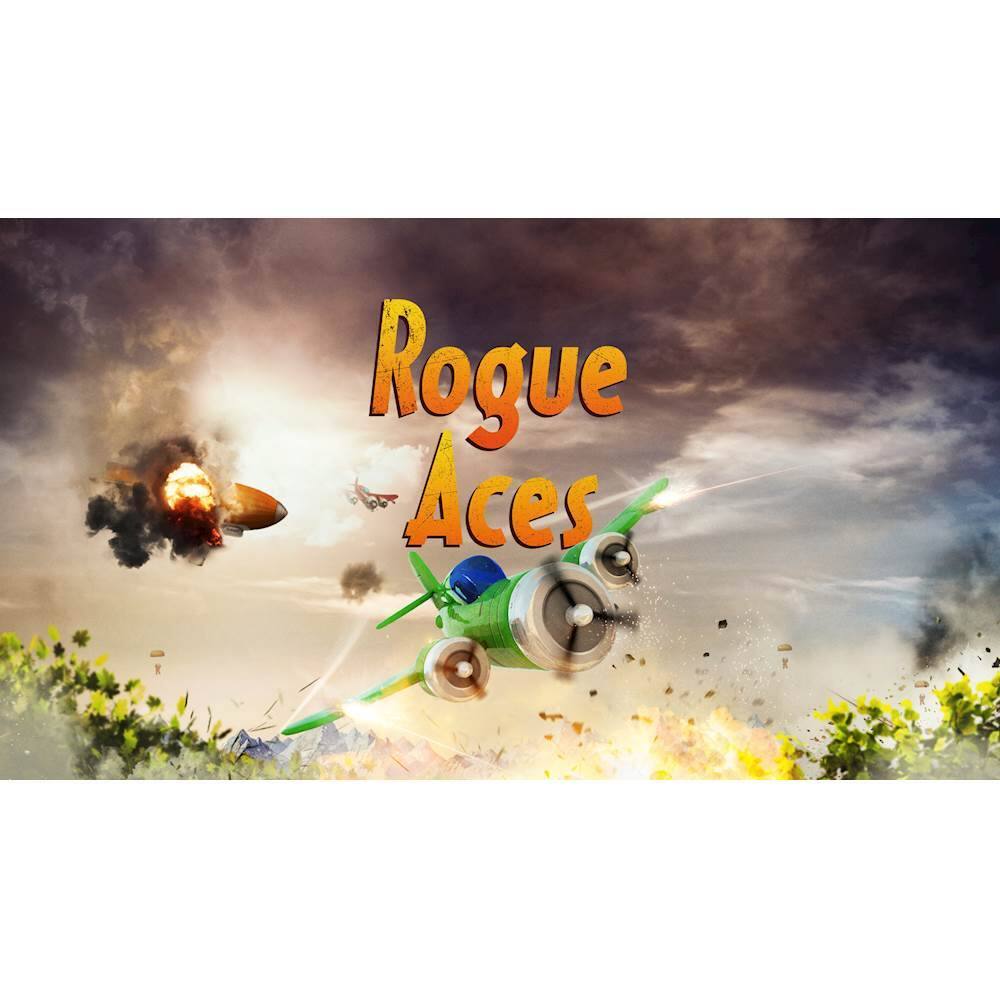 The image features a green airplane flying through the sky, surrounded by explosions and other airplanes. The largest text in the image reads "Rogue Aces," which is likely the title or name of the game or event depicted in the image. The other airplanes in the scene are smaller and positioned at various angles, adding to the dynamic and action-packed nature of the image. - E10+ (Everyone 10+)