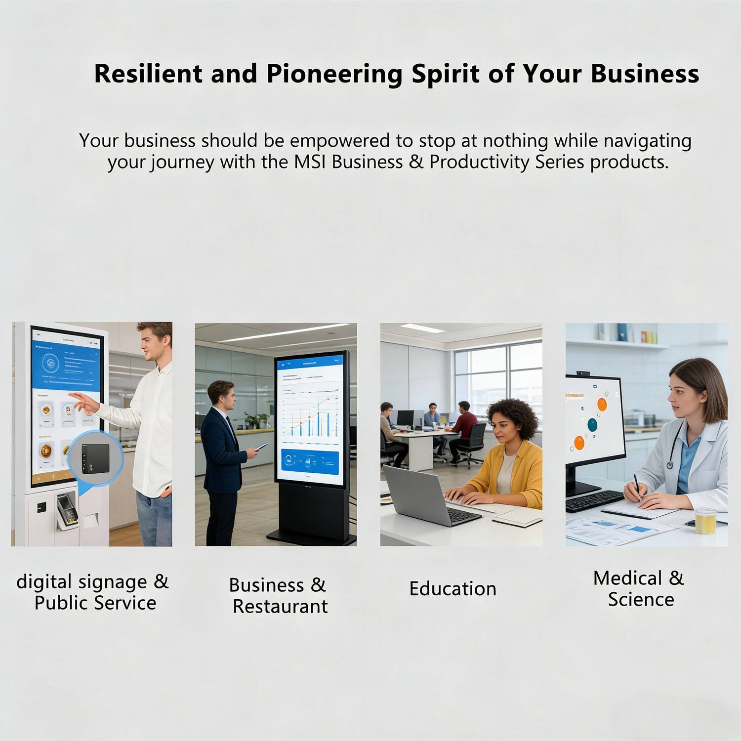 Resilient and Pioneering Spirit of Your Business

Your business should be empowered to stop at nothing while navigating your journey with the MSI Business & Productivity Series products.

- digital signage & Public Service
- Business & Restaurant
- Education
- Medical & Science