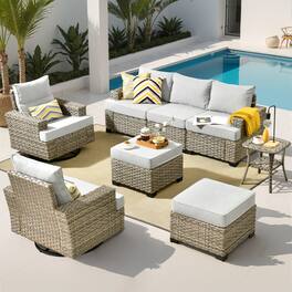 Ovios - 8 PCS Patio Furniture Set, Sectional Sofa with Swivel Chairs, Side Table & Ottoman for Porch - Gray