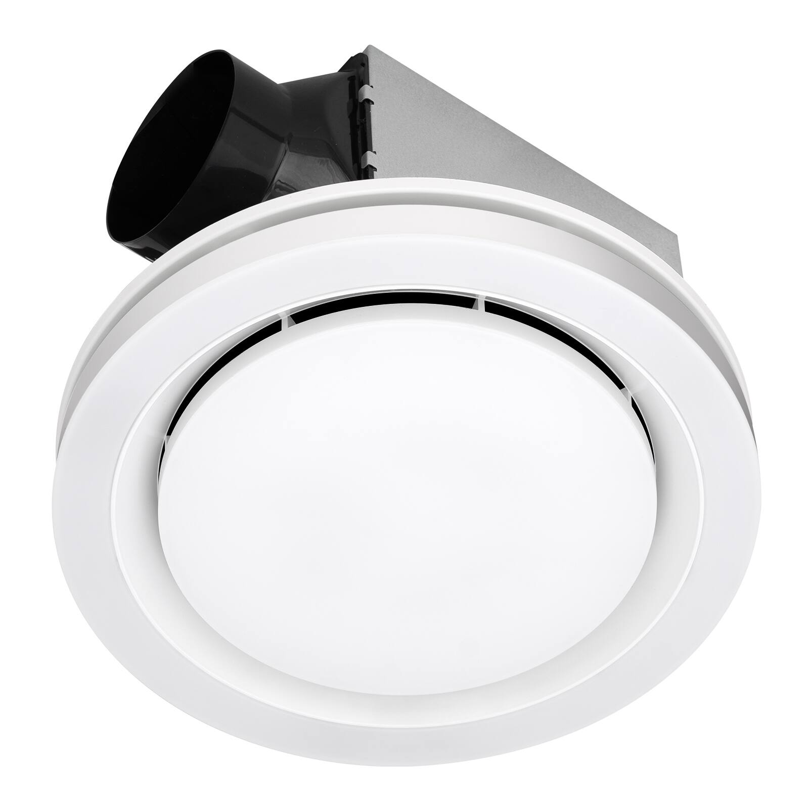 Angle. Akicon - 1390N3 Series Decorative Bathroom Exhaust Fan 90 CFM with 18 Watt Dimmable 3CCT LED Light Round, 1.5 Sones - White.