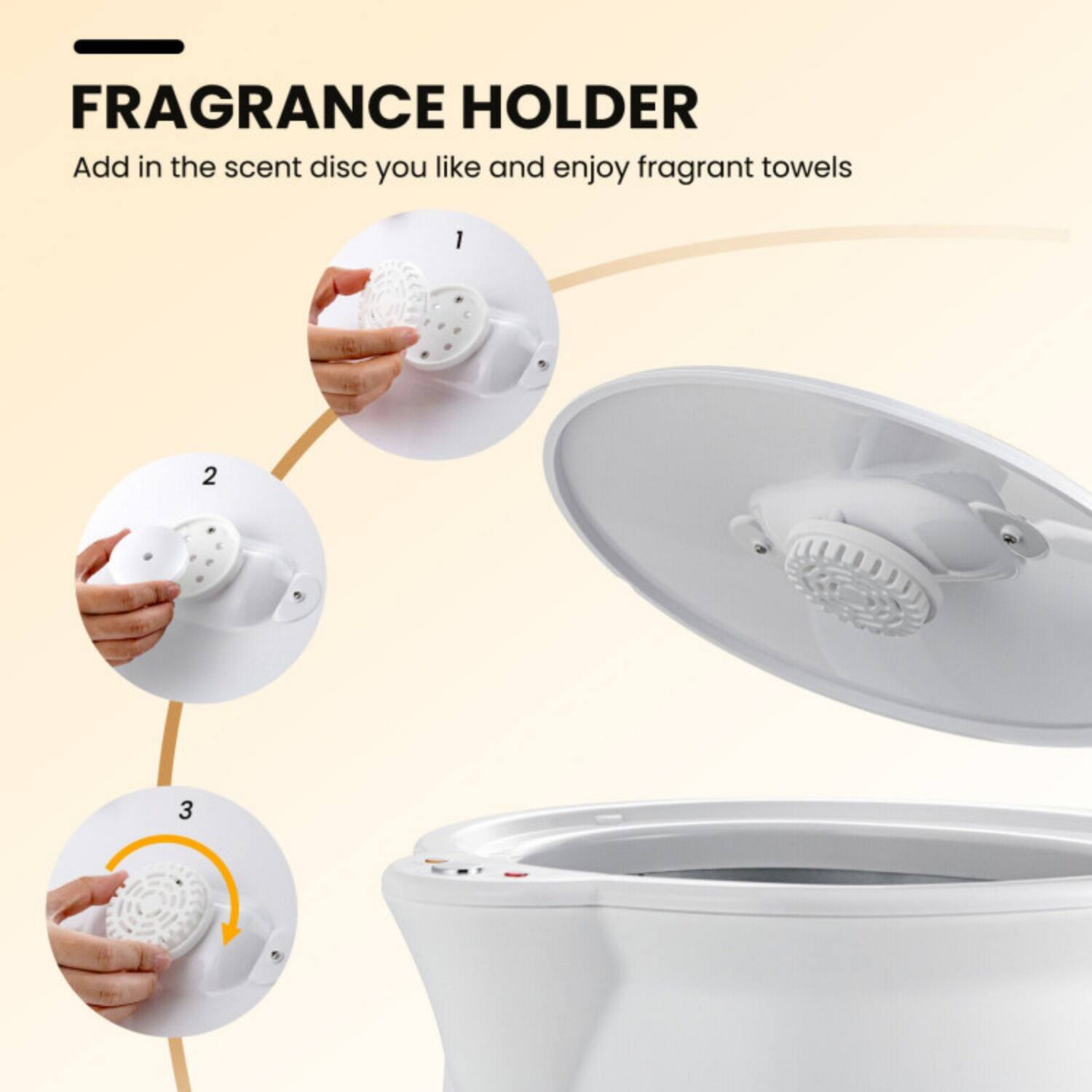 FRAGRANCE HOLDER

Add in the scent disc you like and enjoy fragrant towels

1. Add in the scent disc you like
2. Attach the holder to the toilet tank
3. Enjoy fragrant towels