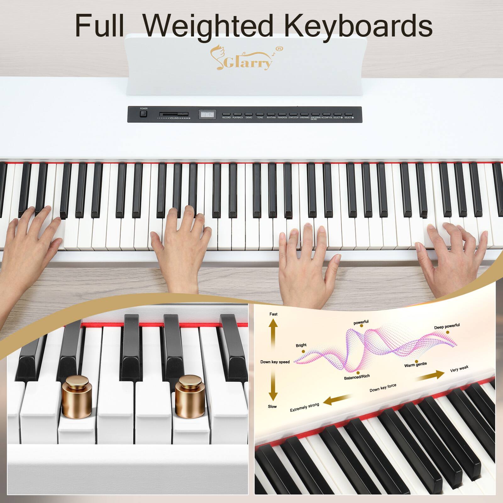 Full Weighted Keyboards

Glarry

Fast Deep Powerful Bright Down key speed - forme Down - - very weak Sle srong Extremely