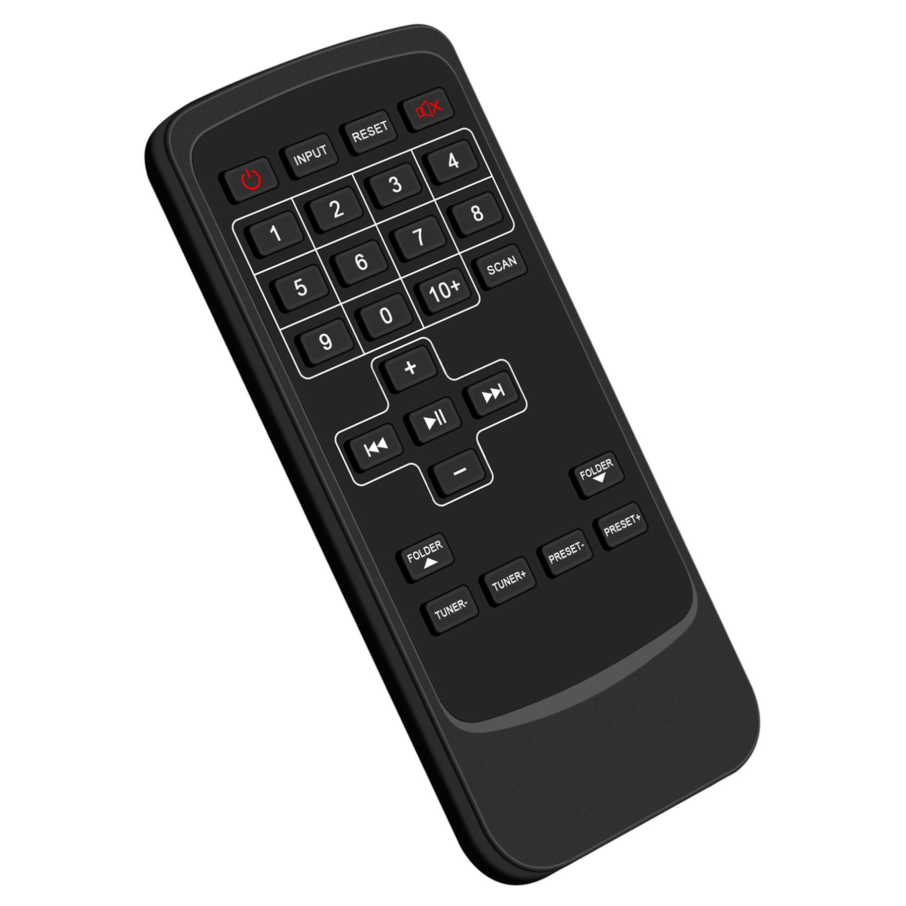 Here is the corrected and grouped text from the image:

- **Top Row:**
  - RESET
  - INPUT

- **Number Pad:**
  - 1 2 3
  - 4 5 6
  - 7 8 9
  - 0

- **Additional Buttons:**
  - 10+
  - SCAN

- **Playback Controls:**
  - (rewind icon)
  - (play/pause icon)
  - (fast forward icon)

- **Volume Controls:**
  - +

- **Folder and Preset Controls:**
  - FOLDER
  - PRESET+
  - PRESET-

- **Tuner Controls:**
  - TUNER+
  - TUNER-