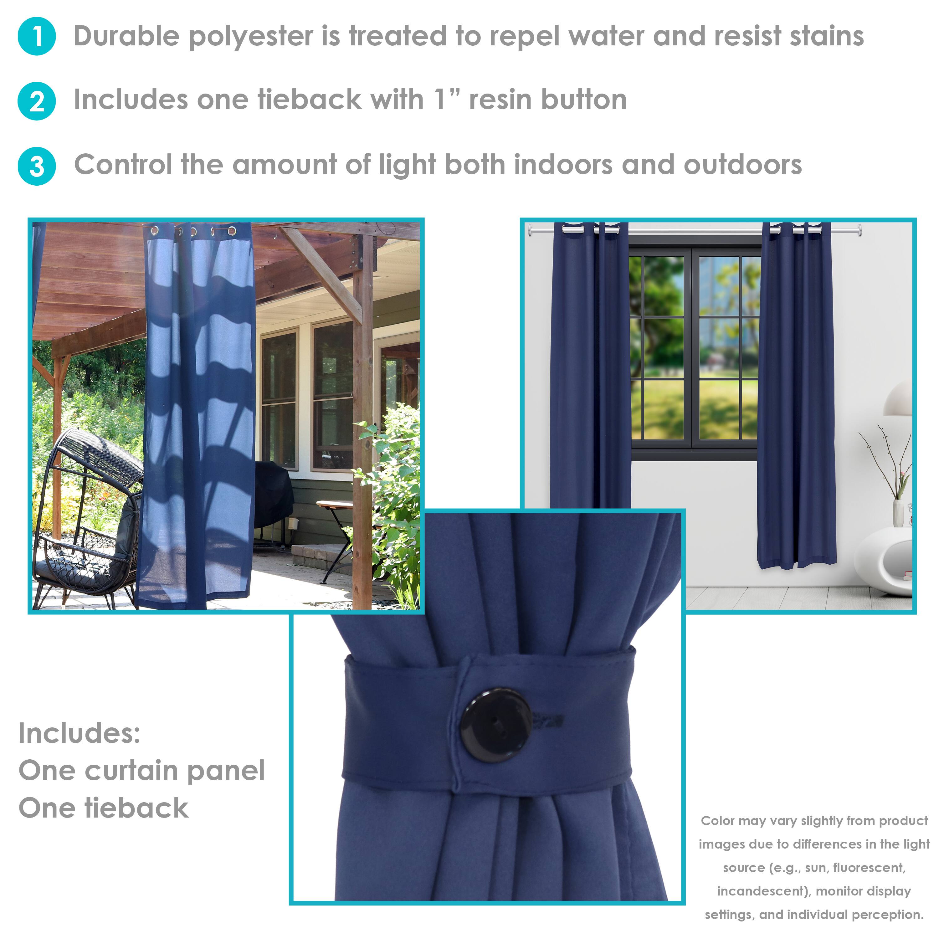 1. Durable polyester is treated to repel water and resist stains.
2. Includes one tieback with 1" resin button.
3. Control the amount of light both indoors and outdoors.

Includes:
- One curtain panel
- One tieback

Color may vary slightly from product images due to differences in the light source (e.g., sun, fluorescent, incandescent), monitor display settings, and individual perception.