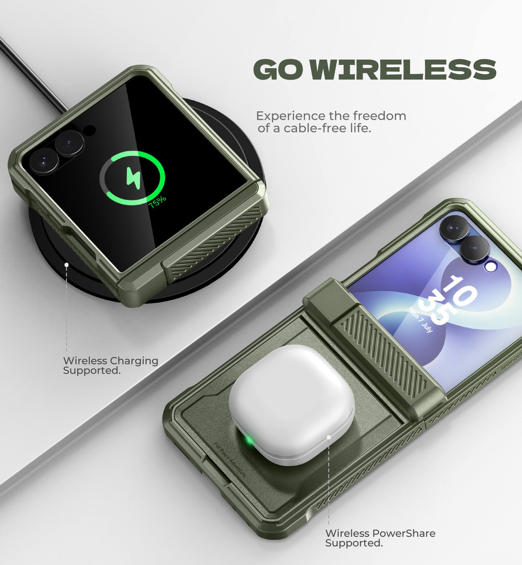 GO WIRELESS  
Experience the freedom of a cable-free life.  
4 75% Wireless Charging Supported.  
Mon 35 10 7 July  
2 Port  
Wireless PowerShare Supported.