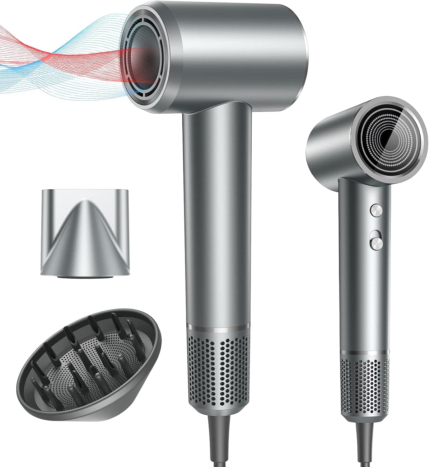 Front. Teendow - 150,000 RPM High-Speed Ionic Hair Dryer with 1500W Brushless Motor, Adjustable Heat Settings, Quiet & Lightweight Design - Gray.