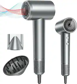 Teendow - 150,000 RPM High-Speed Ionic Hair Dryer with 1500W Brushless Motor, Adjustable Heat Settings, Quiet & Lightweight Design - Gray