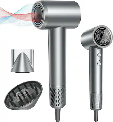 Front. Teendow - 150,000 RPM High-Speed Ionic Hair Dryer with 1500W Brushless Motor, Adjustable Heat Settings, Quiet & Lightweight Design - Gray.