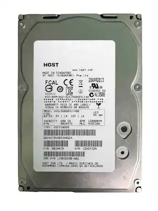 HGST
www.hgst.com
MADE IN SINGAPORE BY HGST (SINGAPORE) Pte. Ltd.
28APR2013
FCAL CE e C LR US 20 KC E240353 SG D33373 N13508 CC-REM-HG2-HUS156060VLF400
40 Can 4
WARRANTY VOID IF ANY LABEL SCREW IS REMOVED OR BROKEN
MODEL HUS156060VLF400
LES FCAL
RATED SV 1.1A 12V 1.IA DC
CAPACITY: 600 GB
P/N 0824478
TYPE USFFCA600
RPM 15000RPM
MLC: V3 @824478VC3C3A8G34
P/N 824478
S/N CZXDT2ZN
EMC P/N 118032693-A02
HGST EUR LTD
MARIE CURIE
