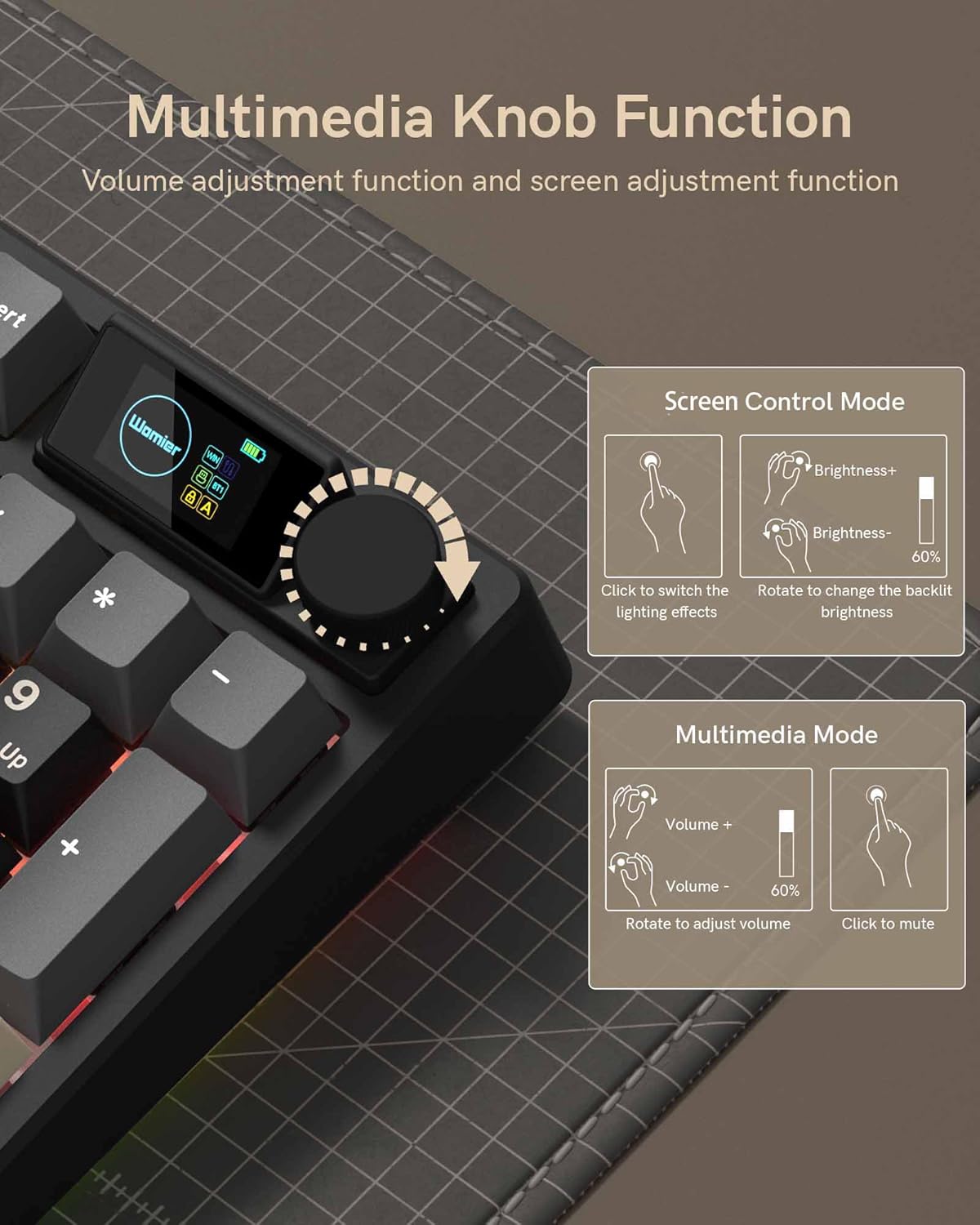 Multimedia Knob Function  
Volume adjustment function and screen adjustment function  

Screen Control Mode  
Brightness+  
Brightness-  
60%  
Click to switch the lighting effects  
Rotate to change the backlit brightness  

Multimedia Mode  
Volume +  
Volume -  
60%  
Rotate to adjust volume  
Click to mute
