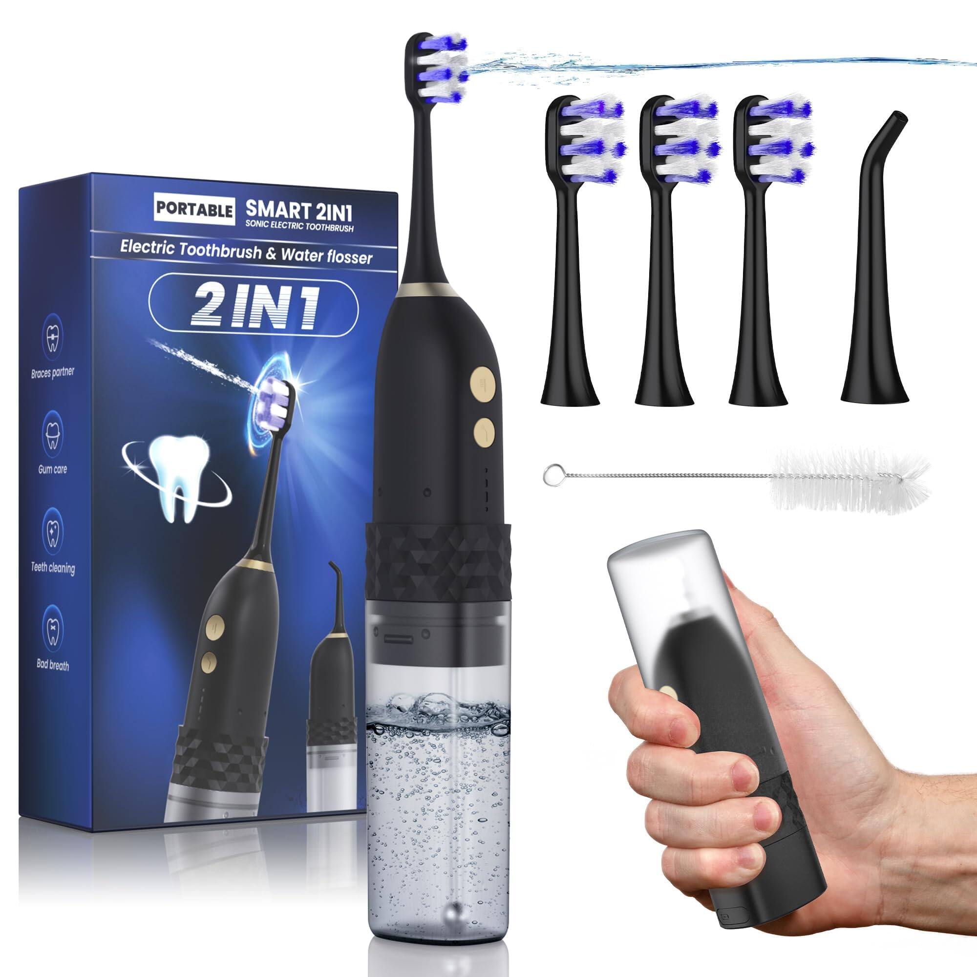 PORTABLE SMART 2IN1 SONIC ELECTRIC TOOTHBRUSH & WATER FLOSSER 2IN1  
2 Brooms  
Gum care  
Teeth cleaning  
Bad breath