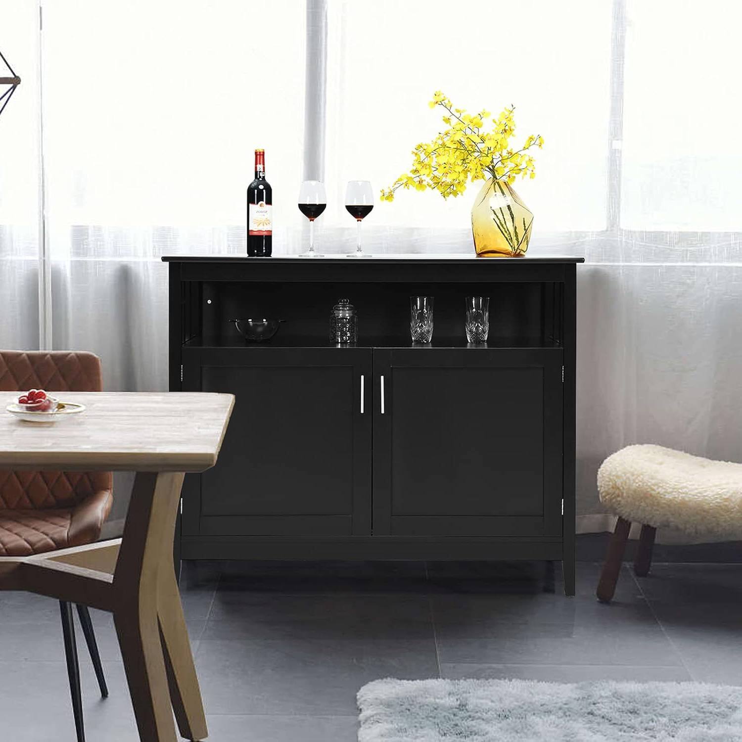 Left. Hivvago - Black Wood 2-Door Dining Buffet Sideboard Cabinet with Open Storage Shelf - Black.