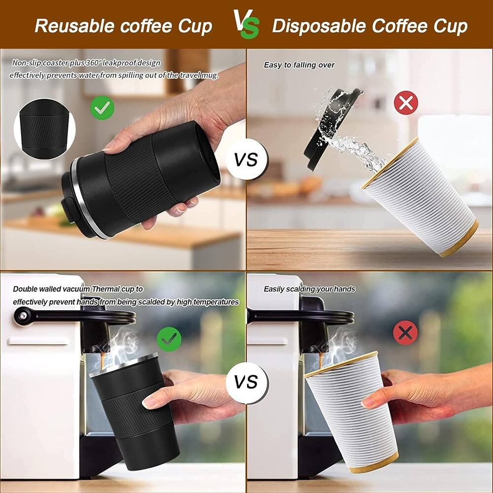Reusable coffee Cup VS Disposable Coffee Cup

Non-slip coaster plus 360° leakproof design effectively prevents water from spilling out of the travel mug.

Double walled vacuum Thermal cup to effectively prevent hands from being scalded by high temperatures

Easy to falling over

Easily scalding your hands