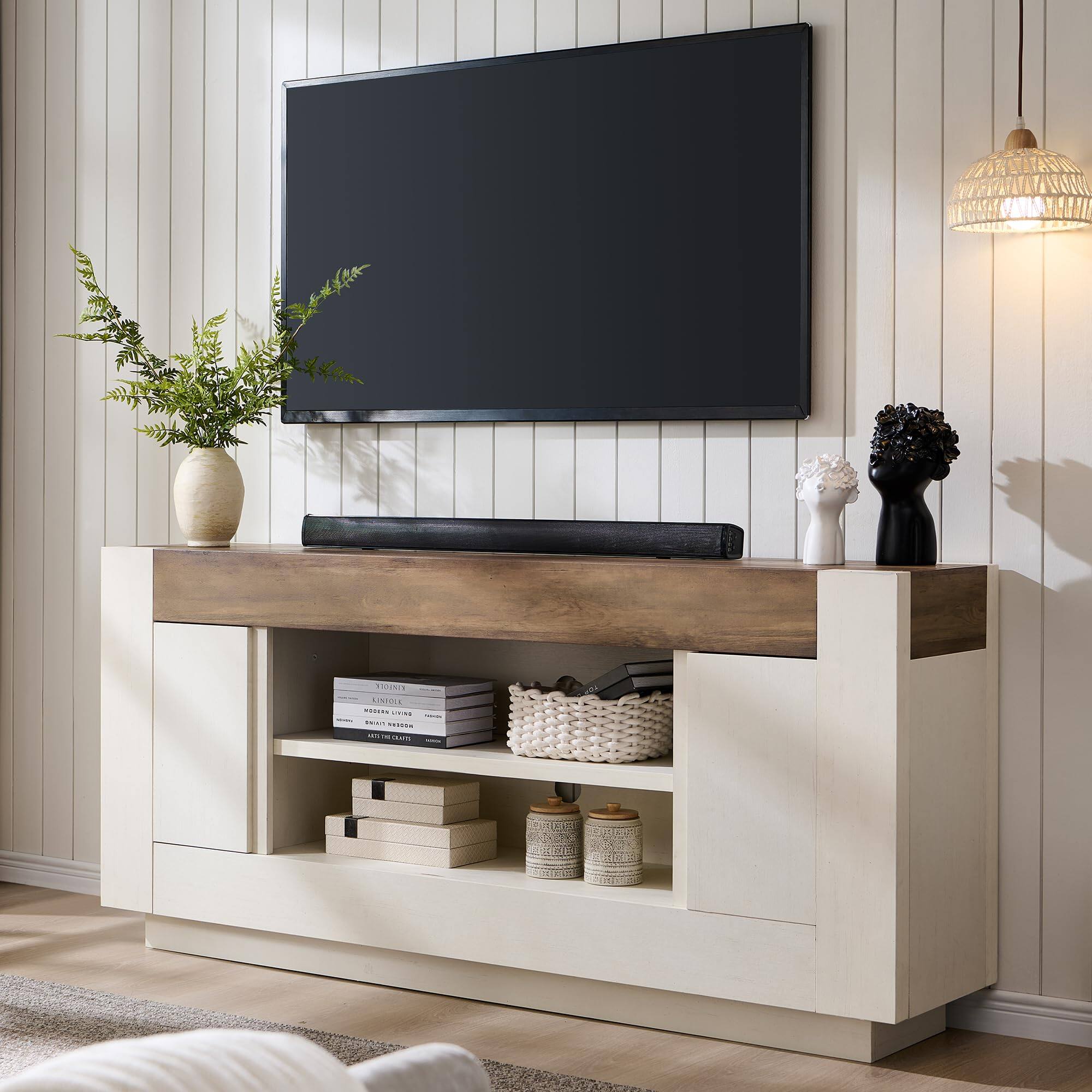OMOMMD - 70" Wood TV Stand for 80" TVs, Open Shelf & Cabinet Storage, 300 lb Top - Antique White