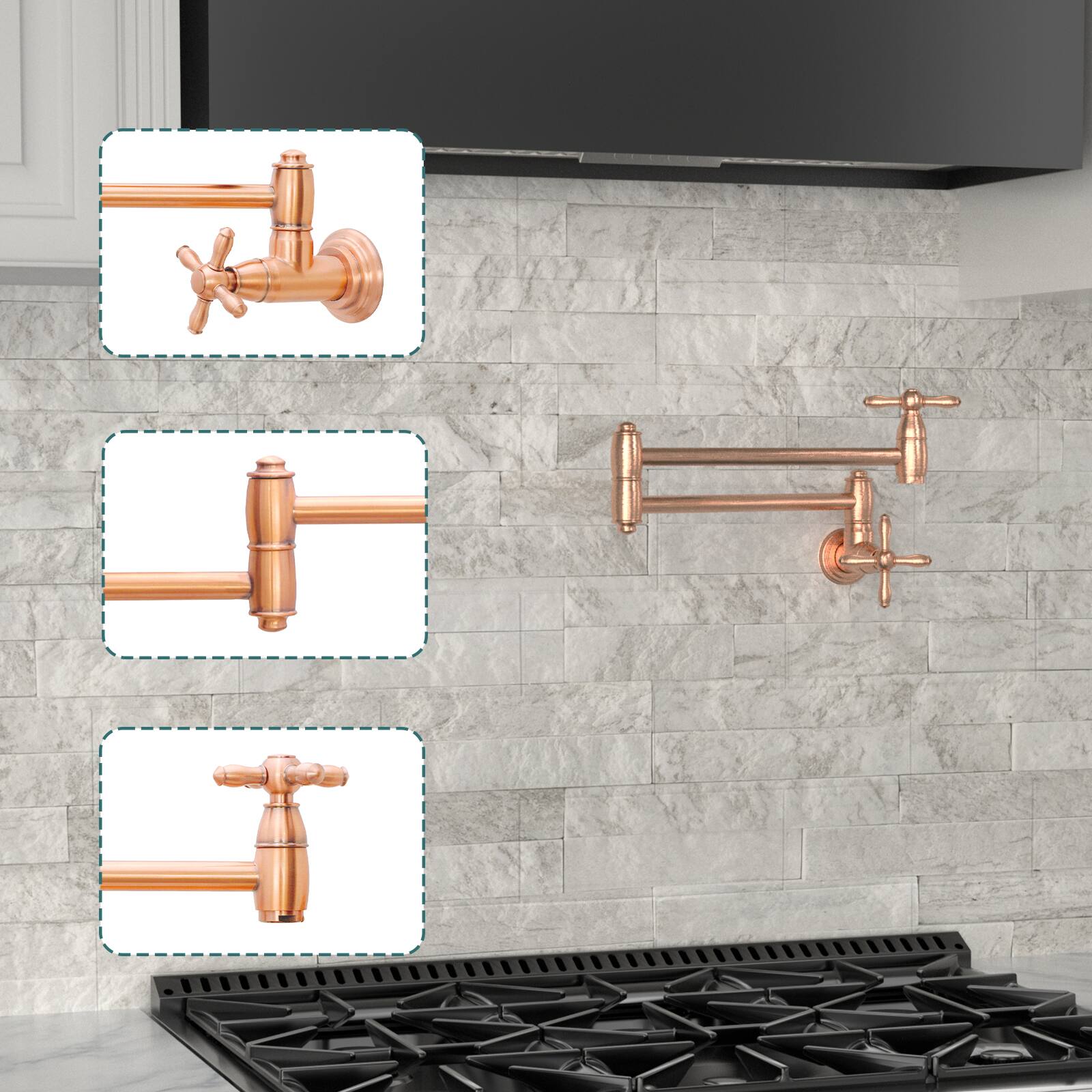 Alt View 2. Akicon - Akicon Solid Brass Wall Mount Pot Filler Kitchen Faucet with Double Joint Swing Arms for Stovetop in Copper - Copper.