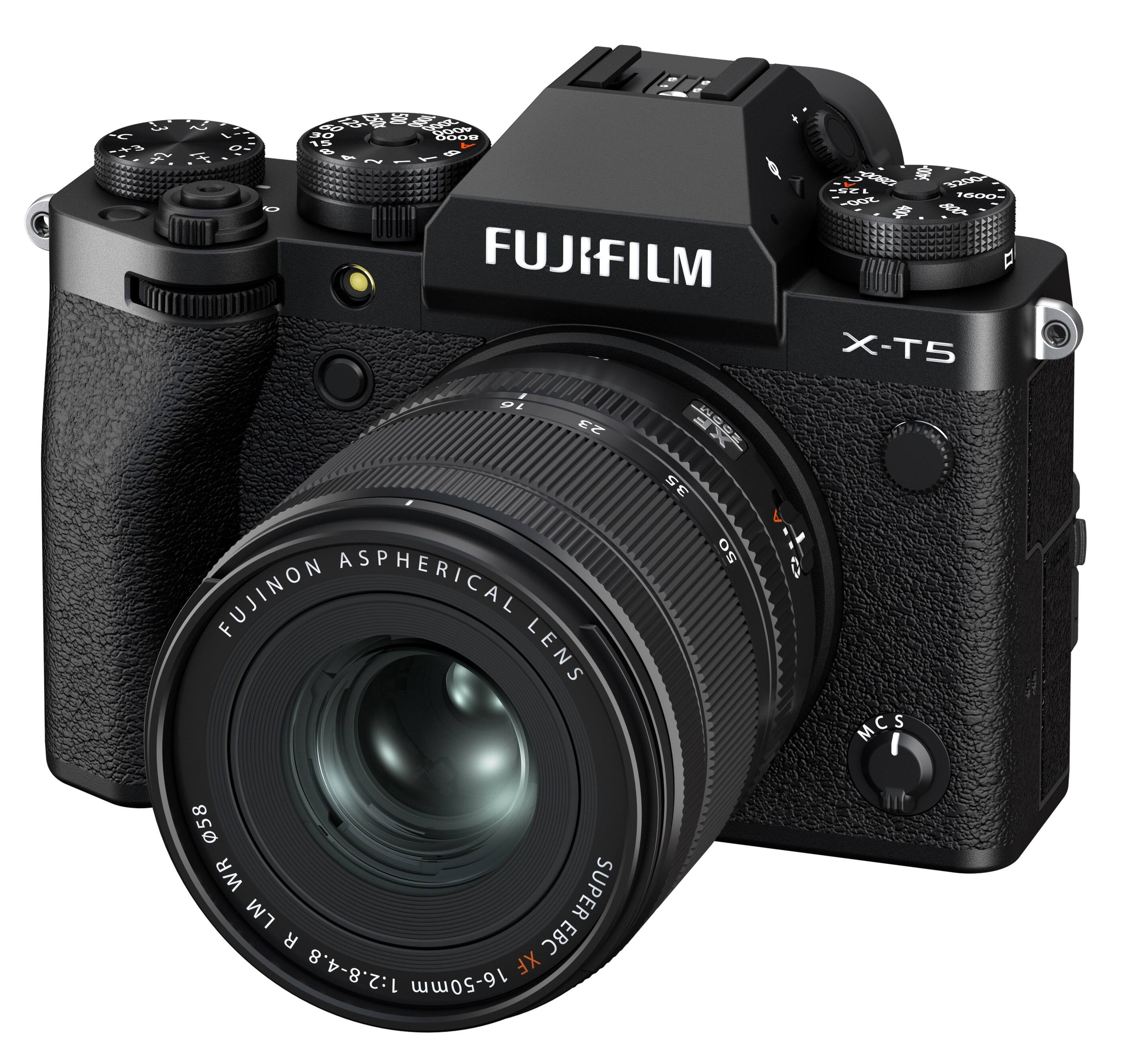 The image features a black Fujifilm X-T5 camera with a large lens attached to it. The camera is positioned in a way that the lens is prominently visible, showcasing its features. The camera is likely designed for professional use, as it is equipped with a high-quality lens and advanced features.