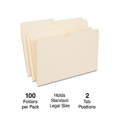 100 Folders per Pack  
Holds Standard Legal Size  
2 Tab Positions