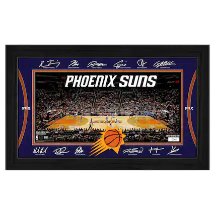 Sure, here is the corrected and grouped text from the image:
---
**Top Left:**
- R. T. Fleming
- Jordan Goodwin
- Royce O'Neale
- Colin Gilbert
- Chris Paul
- G. Allen
**Top Center:**
- PHOENIX SUNS
**Top Right:**
- Devin Booker
- Jae Crowder
- Jalen Smith
- Mikal Bridges
**Bottom Left:**
- Nick Young
- Dr. J
- Deandre Ayton
**Bottom Right:**
- Limited Edition of 500
- 0001
**Bottom Center:**
- 2022-23 Phoenix Suns
- NBA
- H&M
---
This text is grouped based on its location in the image.