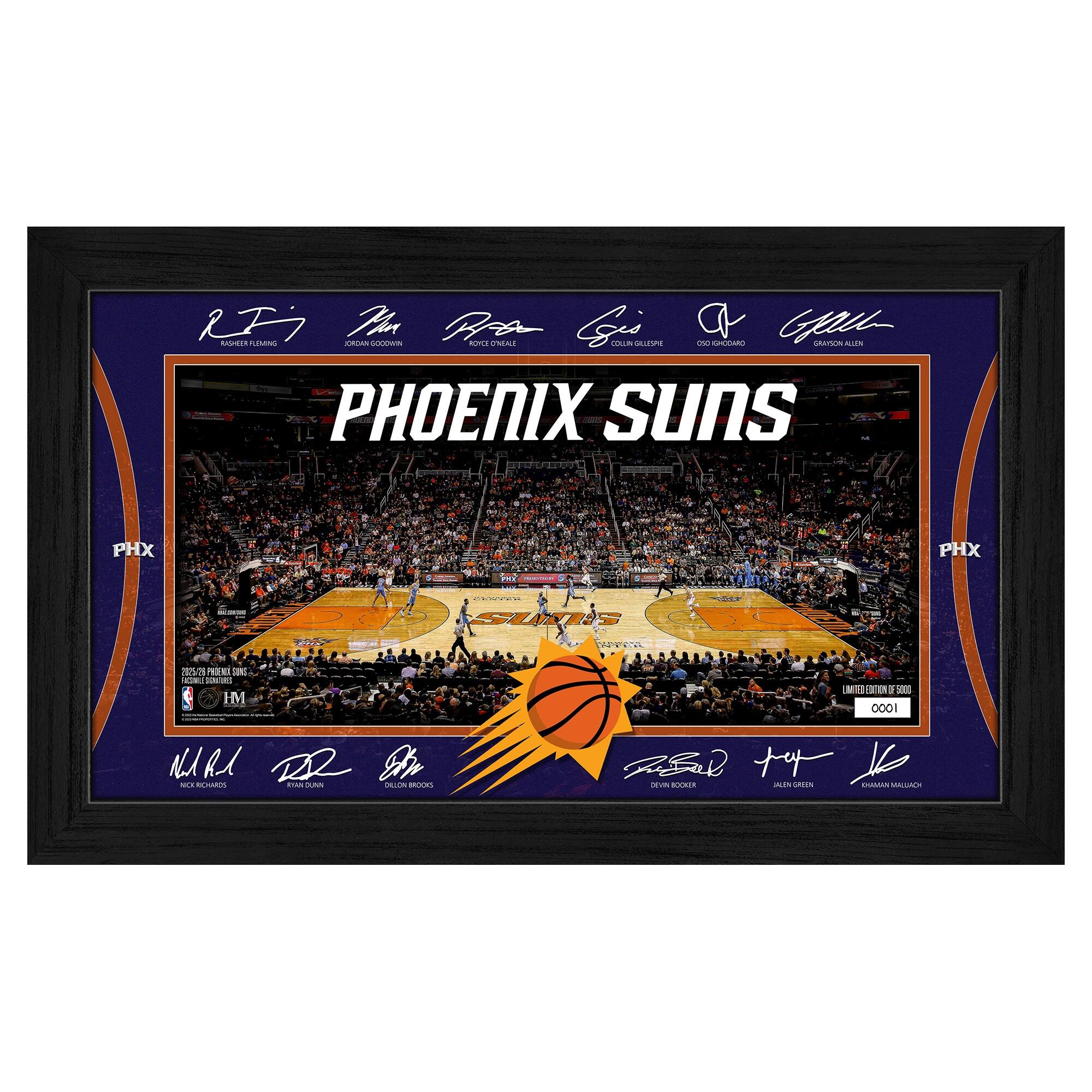 Sure, here is the corrected and grouped text from the image:

---

**Top Left:**
- R. T. Fleming
- Jordan Goodwin
- Royce O'Neale
- Colin Gilbert
- Chris Paul
- G. Allen

**Top Center:**
- PHOENIX SUNS

**Top Right:**
- Devin Booker
- Jae Crowder
- Jalen Smith
- Mikal Bridges

**Bottom Left:**
- Nick Young
- Dr. J
- Deandre Ayton

**Bottom Right:**
- Limited Edition of 500
- 0001

**Bottom Center:**
- 2022-23 Phoenix Suns
- NBA
- H&M

---

This text is grouped based on its location in the image.