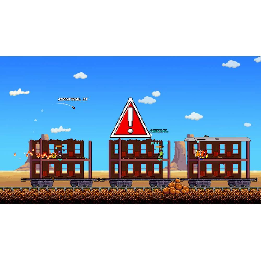 The image features a train traveling down the tracks, with a red triangle sign above it that says "Control It!" The sign is placed on top of a building, and the train is passing by it. The scene also includes a few people in the vicinity, possibly observing the train or the sign.