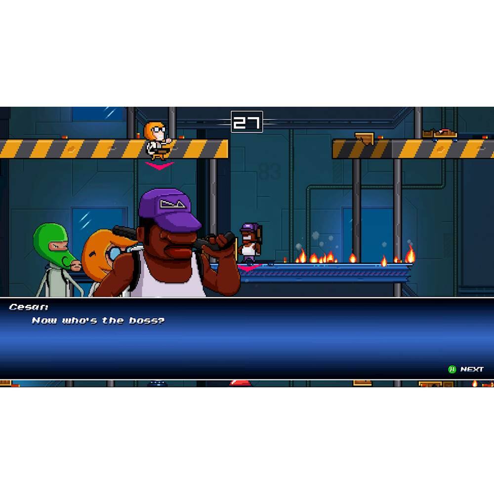 The largest text in the image reads "2 83." The following text, "Cesar: Now who's the boss?", is a part of a dialogue in a video game. The image also shows a group of people, including a man in a purple hat, standing around a table. The scene appears to be a part of a video game, possibly a cartoon or a comic strip.