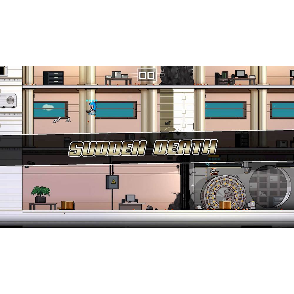 The image features a large sign that reads "SUDDEN DEATH," which is likely the name of a video game or an event. The sign is displayed in front of a building, possibly a hotel or apartment complex. The building has a few windows, and there is a TV mounted on the wall. Additionally, there are two chairs and a potted plant in the scene.