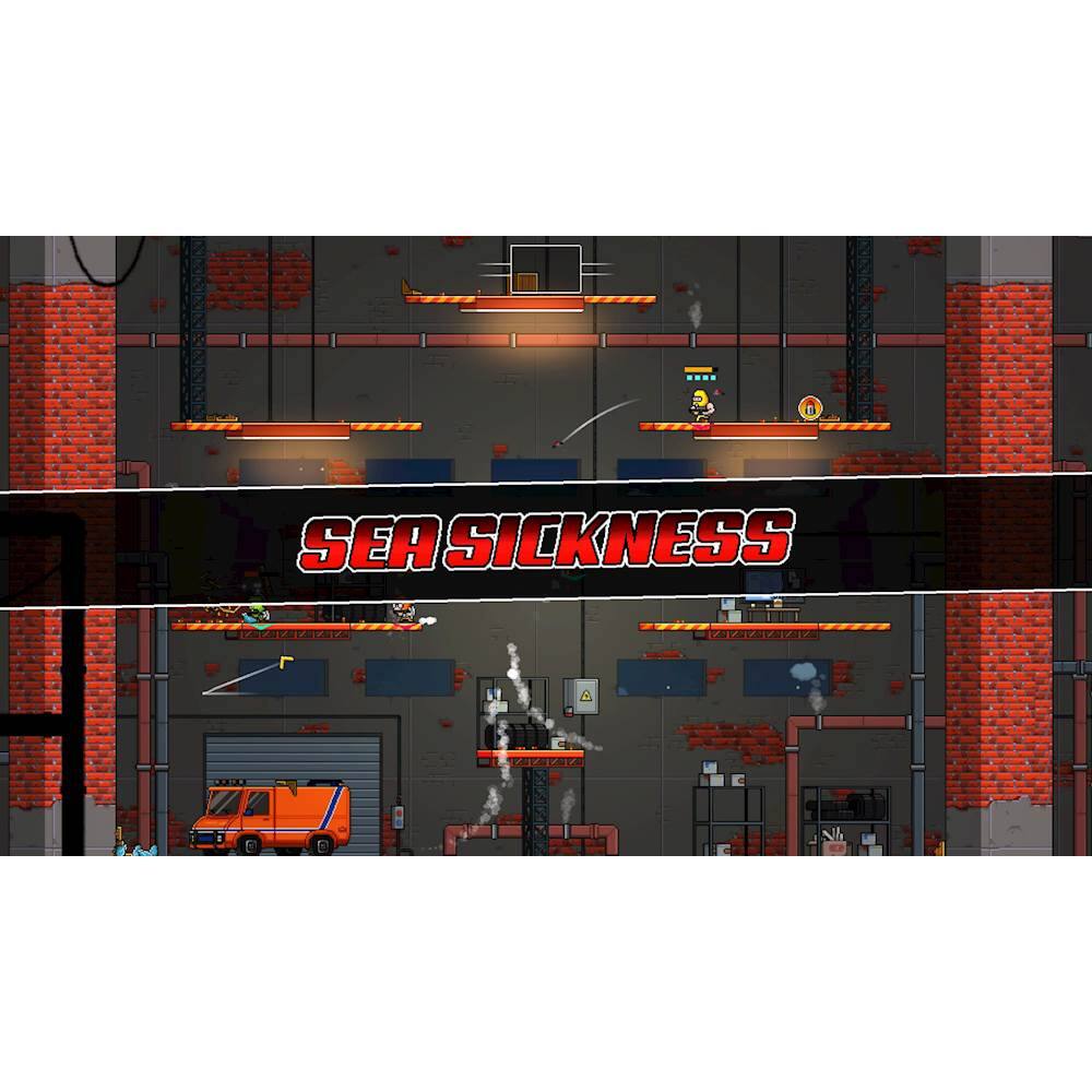 The image features a video game called "Sea Sickness," which is set in a brick building. The game is displayed on a TV screen, and there are several people in the scene, possibly playing the game or watching others play. The game appears to be a fighting game, and the players are using various weapons such as swords and baseball bats. The overall atmosphere suggests an exciting and engaging gaming experience.