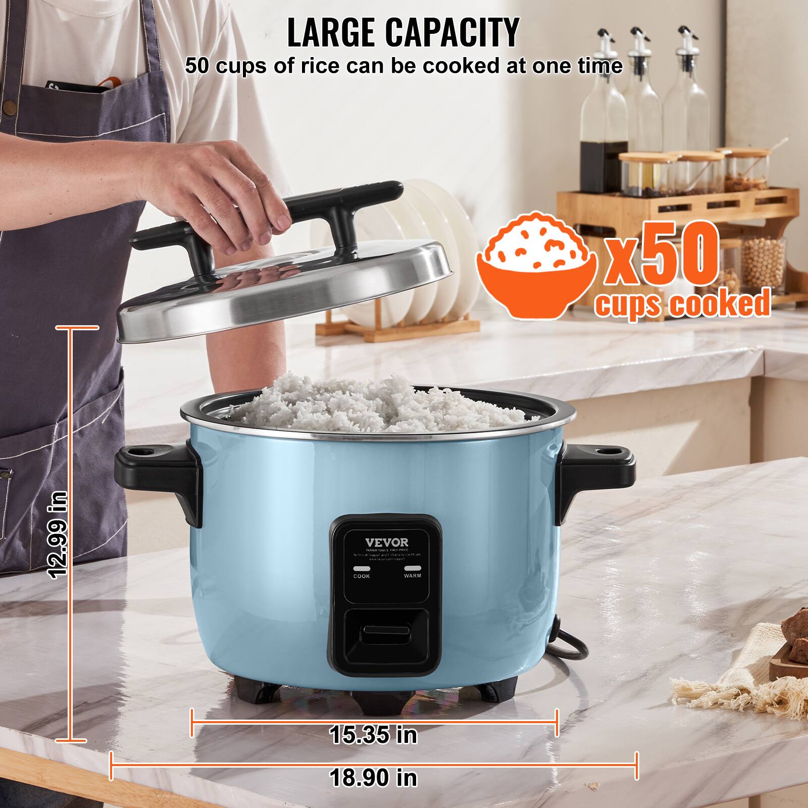 LARGE CAPACITY  
50 cups of rice can be cooked at one time  
x50 cups cooked  
12.99 in  
15.35 in  
18.90 in  
VEVOR - www.anet COOK WIRE