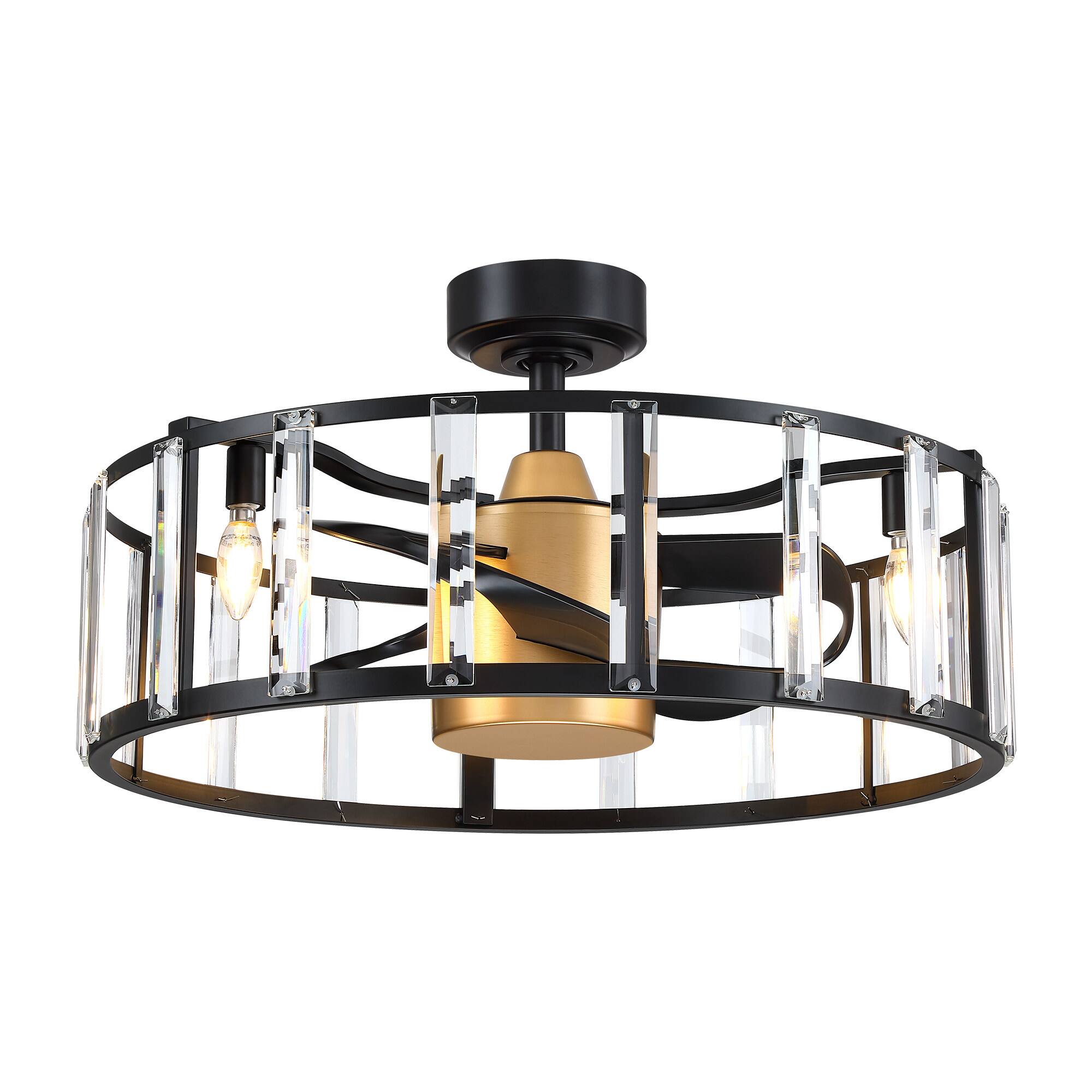 Alt View 6. Parrot Uncle - 26.7 in. Matte Black Modern Caged Crystal Ceiling Fan with Light and Remote - Black.