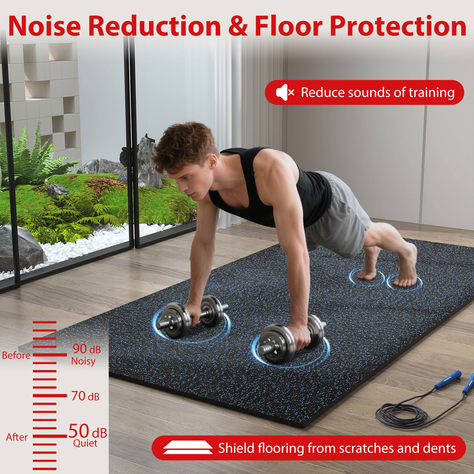 Noise Reduction & Floor Protection

- Reduce sounds of training
  - Before: 90 dB Noisy
  - After: 50 dB Quiet

- Shield flooring from scratches and dents