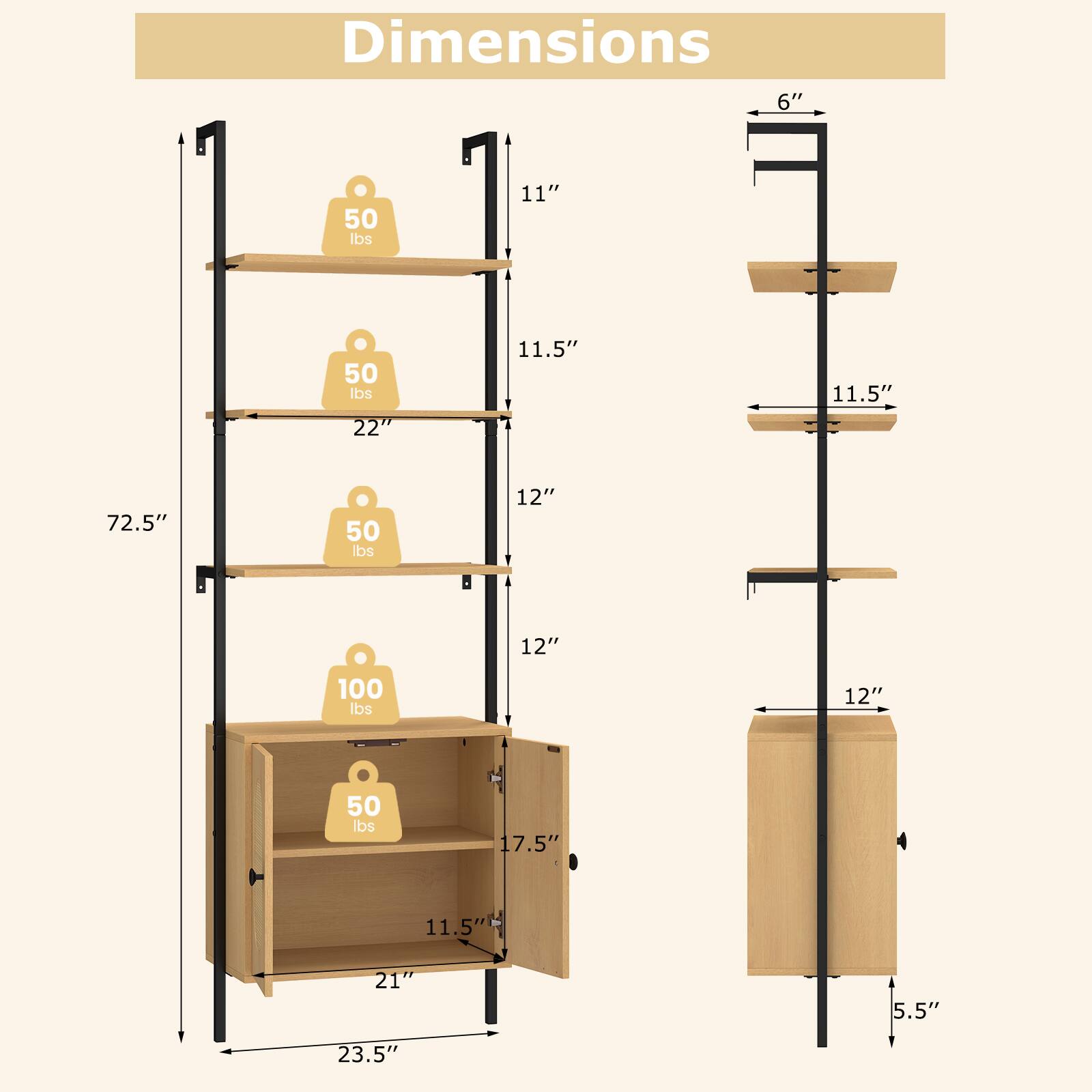 Dimensions

- 6"
- 11"
- 11.5"
- 22"
- 11.5"
- 72.5"
- 12"
- 12"
- 100 lbs
- 12"
- 50 lbs
- 17.5"
- 11.5"
- 21"
- 5.5"
- 23.5"