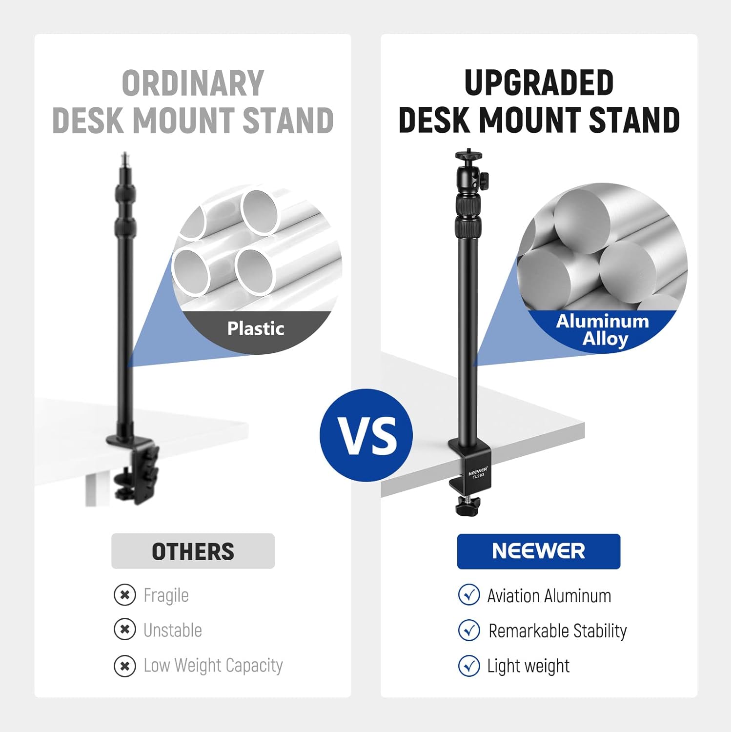 **ORDINARY DESK MOUNT STAND**

- Plastic

**UPGRADED DESK MOUNT STAND**

- Aluminum Alloy

**VS**

**OTHERS**

- Fragile
- Unstable
- Low Weight Capacity

**NEEWER**

- Aviation Aluminum
- Remarkable Stability
- Light weight