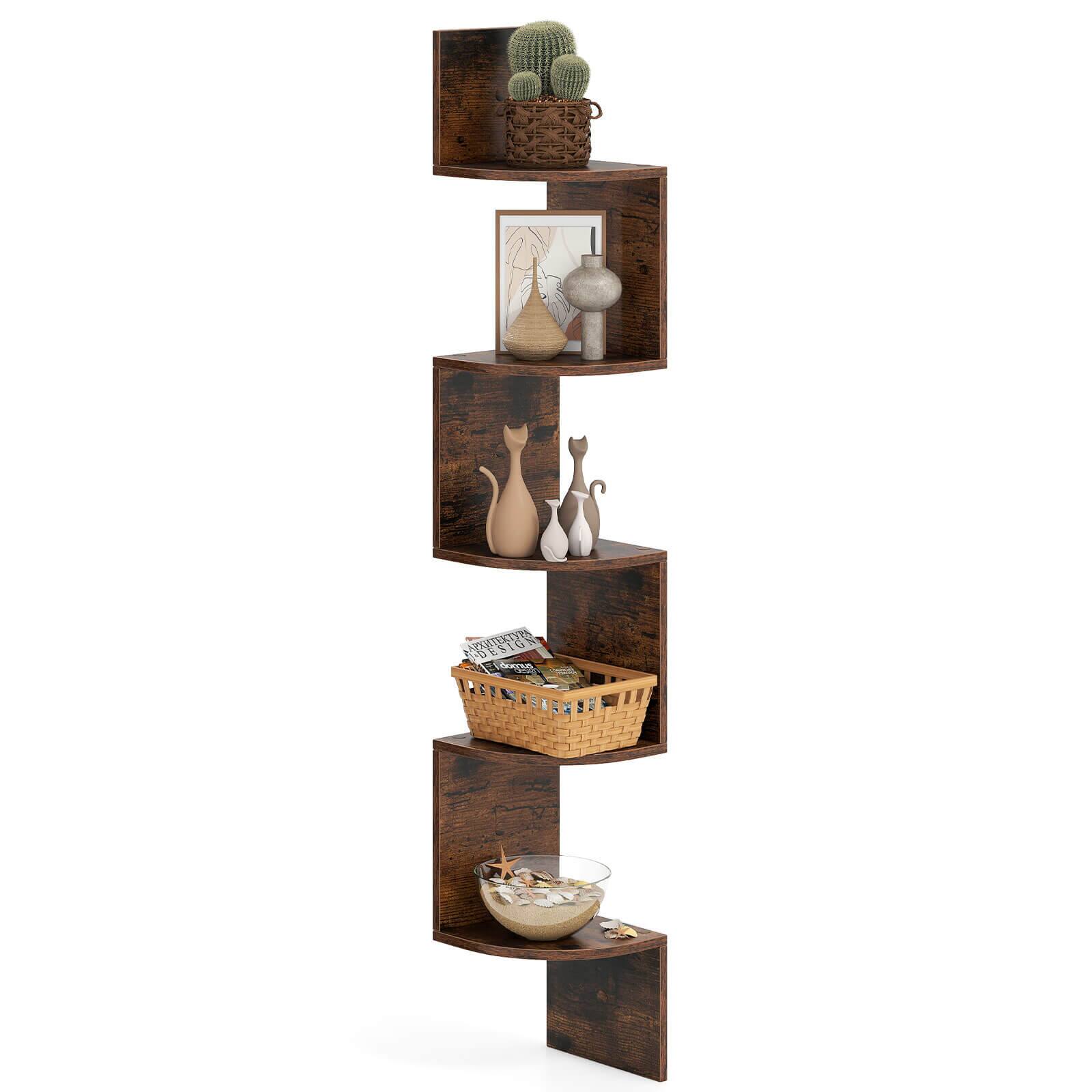 Alt View 8. Costway - Costway 1 PCS 5-Tier Floating Bookshelf with Safe Round Edge Space-Saving Plant Display Shelf Brown - Rustic Brown.