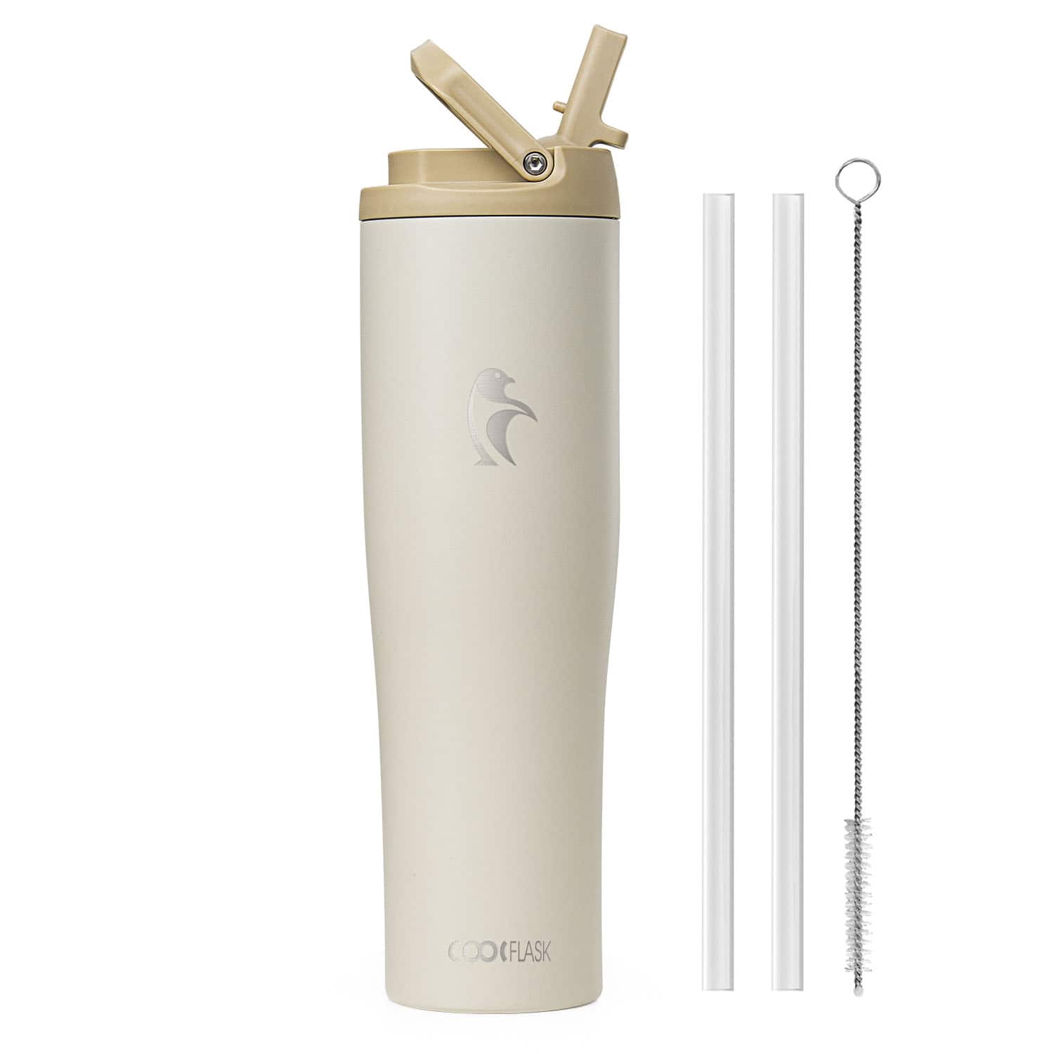 Coolflask - Slim Tumbler Stainless Steel with Straw & Handle - Fits Car Cup Holder - 40oz White