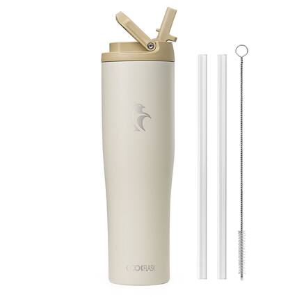 Front. Coolflask - Slim Tumbler Stainless Steel with Straw & Handle - Fits Car Cup Holder - 40oz White.