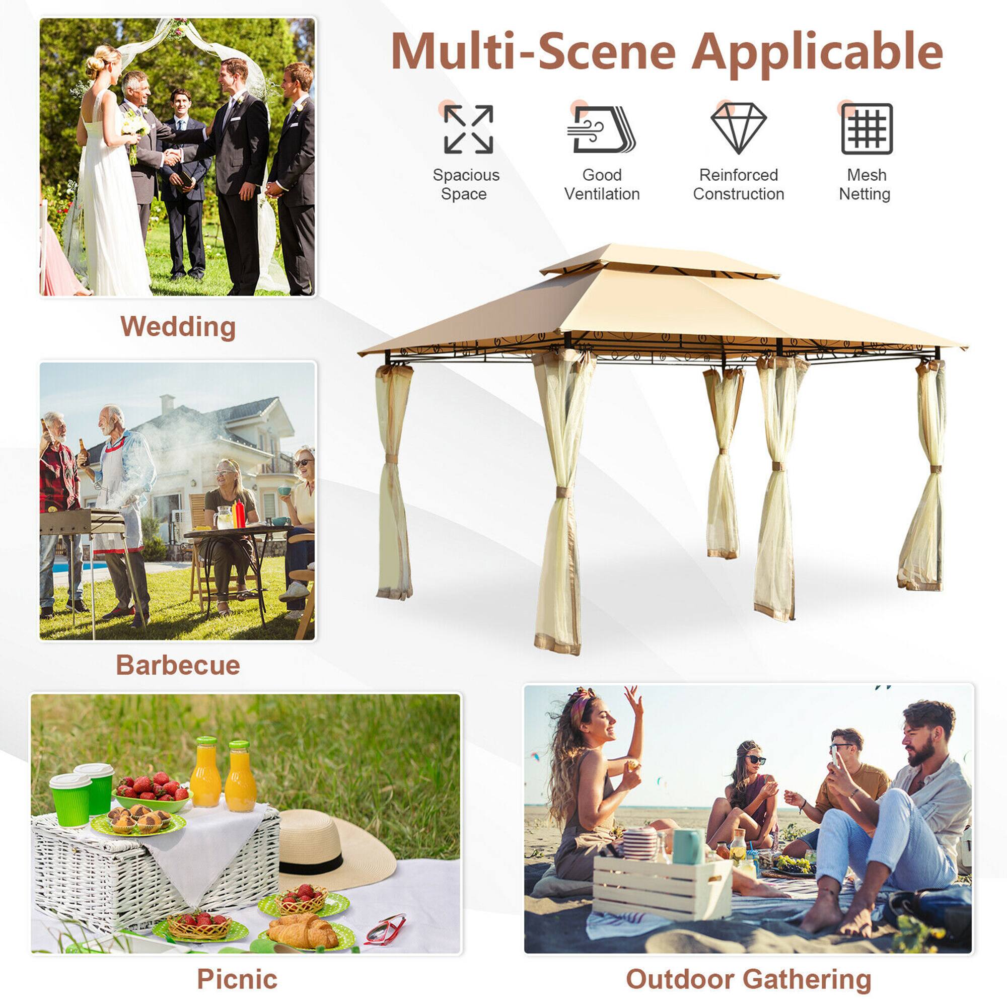 Multi-Scene Applicable

Wedding
Barbecue
Picnic
Outdoor Gathering

Spacious Space
Good Ventilation
Reinforced Construction
Mesh Netting