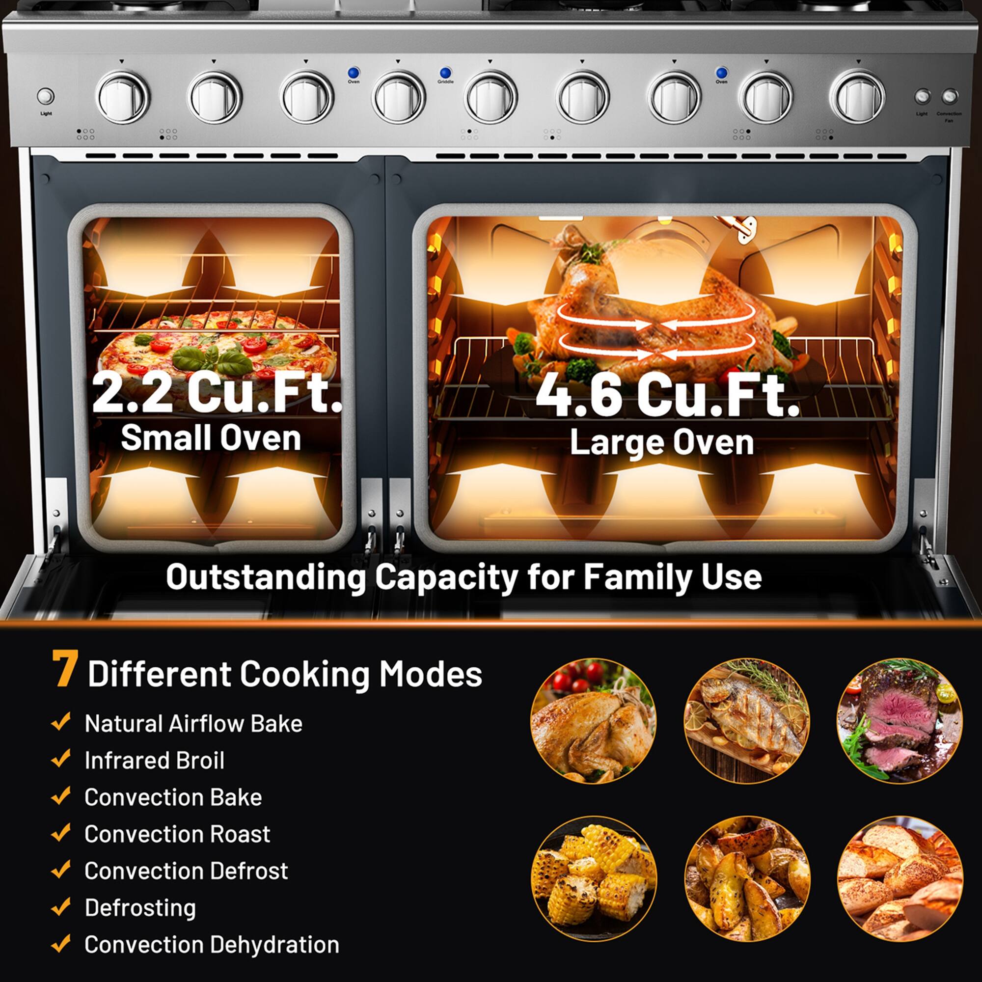 - 2.2 Cu.Ft. Small Oven
- 4.6 Cu.Ft. Large Oven
- Outstanding Capacity for Family Use

7 Different Cooking Modes
- Natural Airflow Bake
- Infrared Broil
- Convection Bake
- Convection Roast
- Convection Defrost
- Defrosting
- Convection Dehydration
