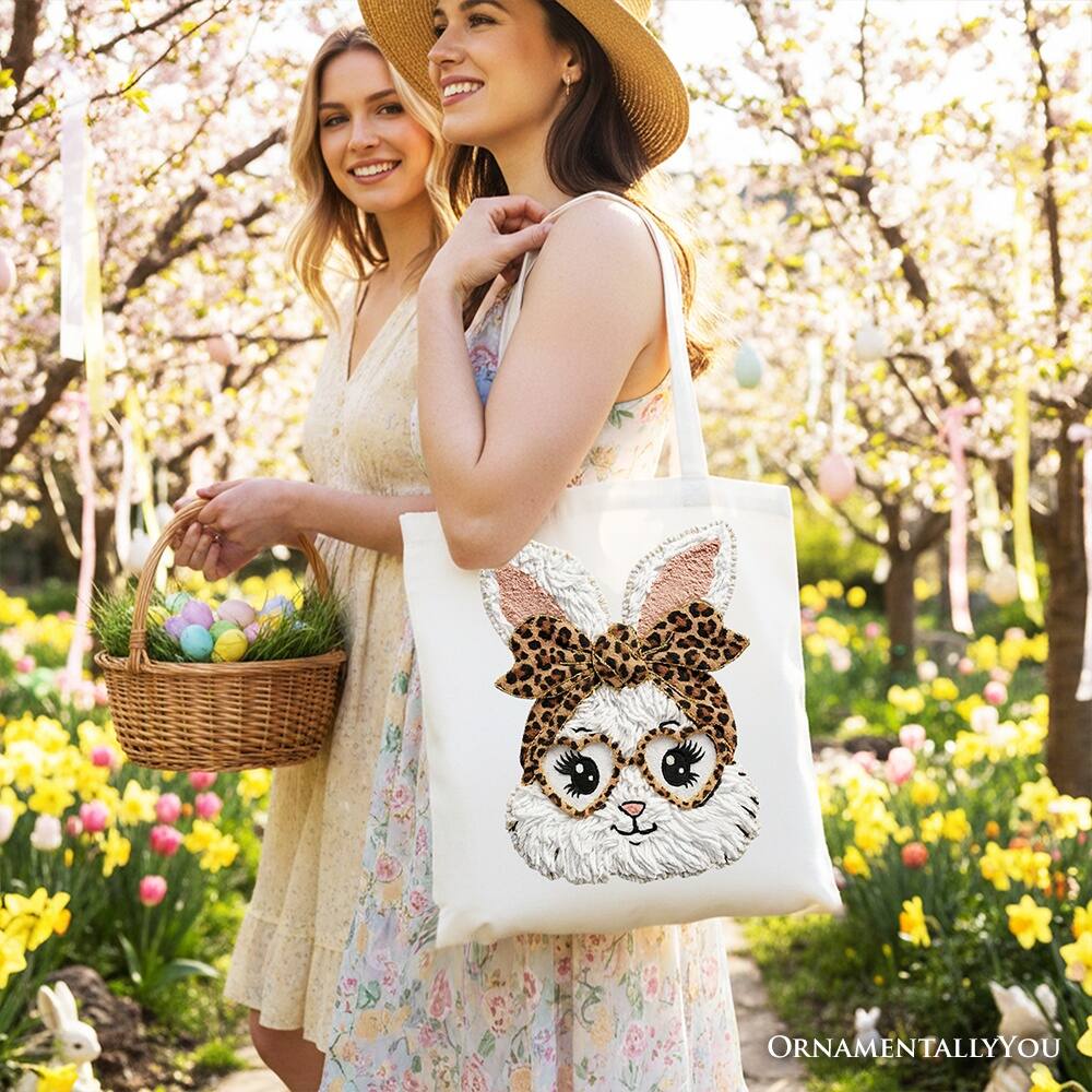 Left. OrnamentallyYou - Easter Bunny Leopard Bow Tote Bag, Coquette Printed Faux Embroidery Girly Spring Gift Shopper - White.