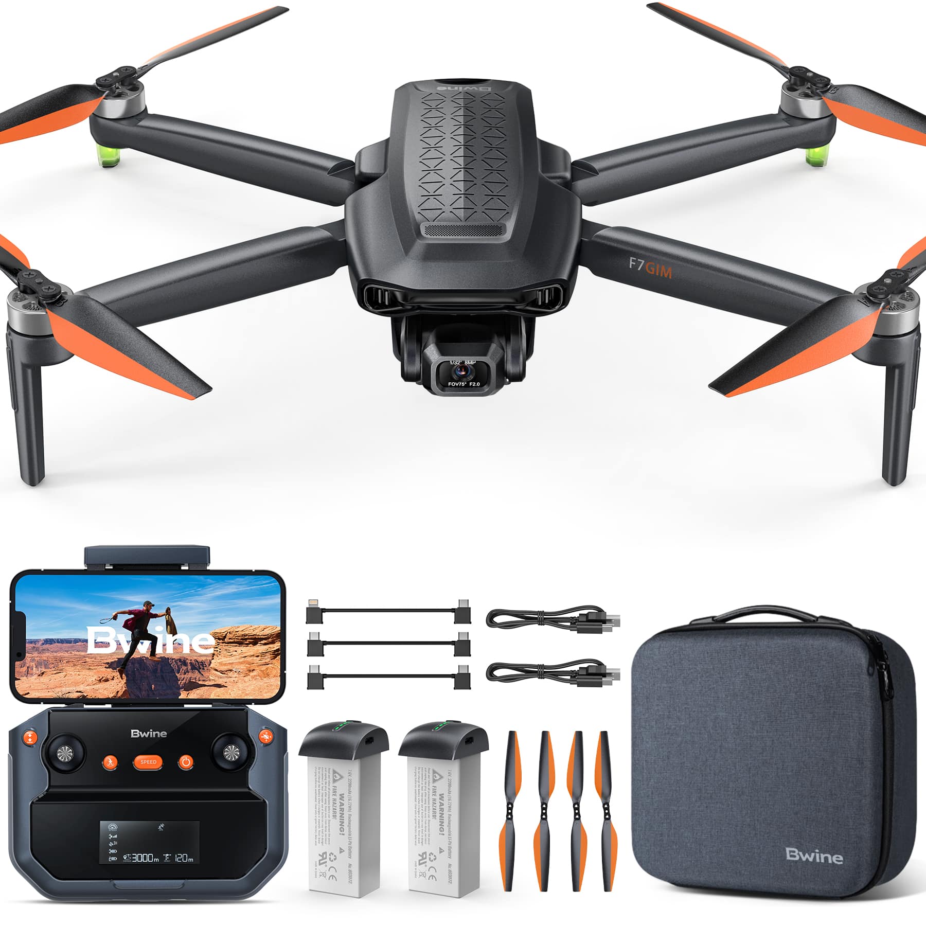 Bwine - F7GIM 6K Photo Drone with Camera for Adults, 3-Axis Brushless Gimbal, 4K/30fps Video, GPS Smart Control - Dark Gray