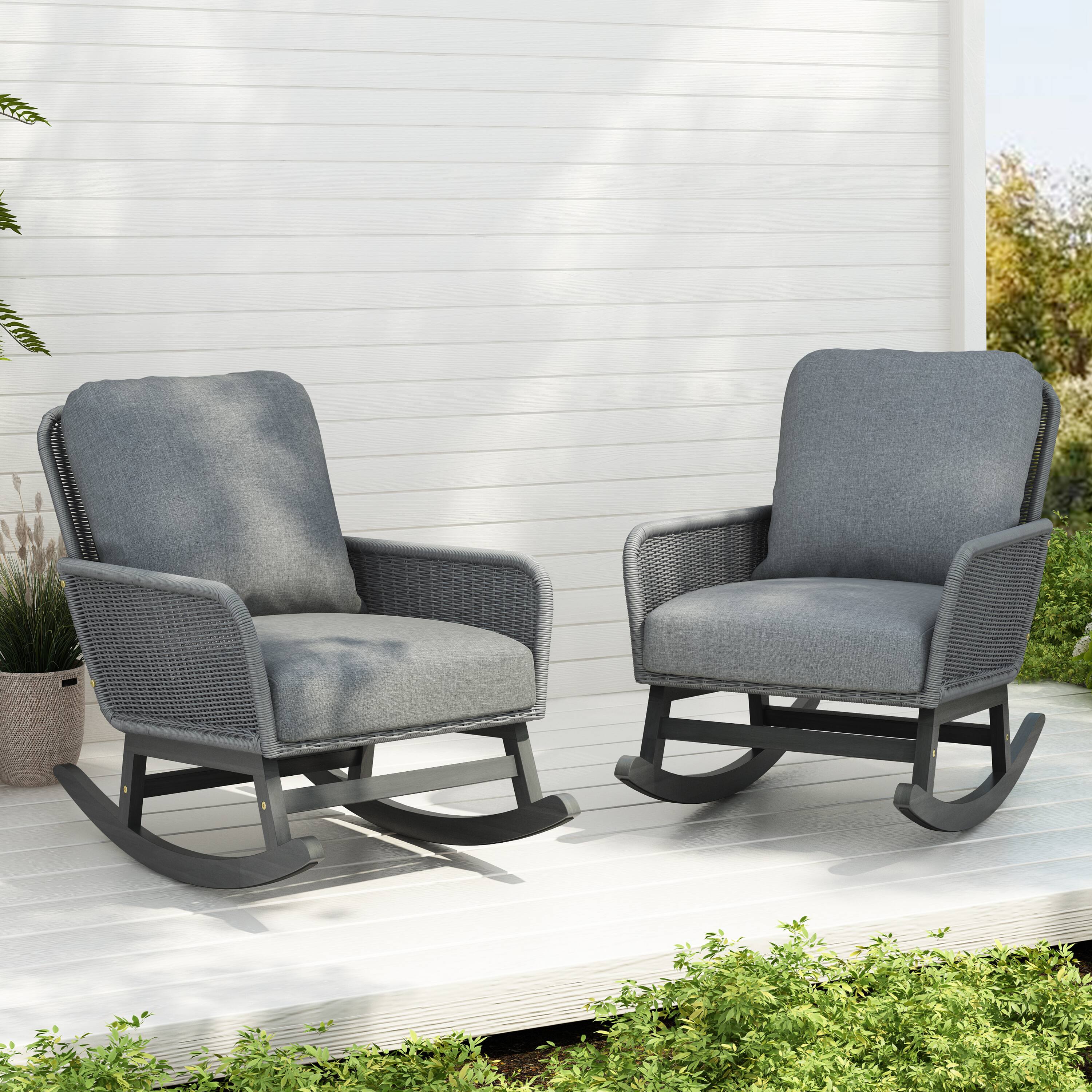Front. Tiramisubest - [Set of 2] Minimalist Wicker Rocking Chair with Polyester Cushions and Wooden Frame for Indoor and Outdoor Spaces,Gray - Gray.