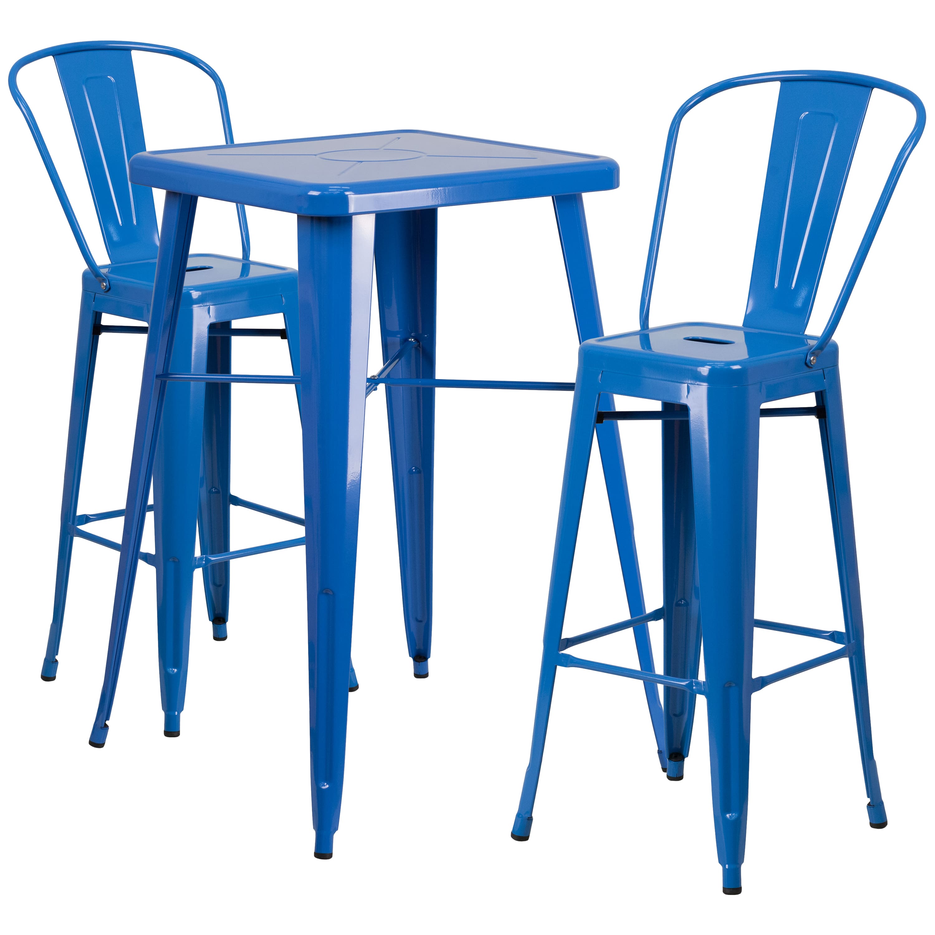 Emma + Oliver - Commercial Grade 23.75" Square Metal Indoor-Outdoor Bar Table Set, 2 Back Stools - Blue