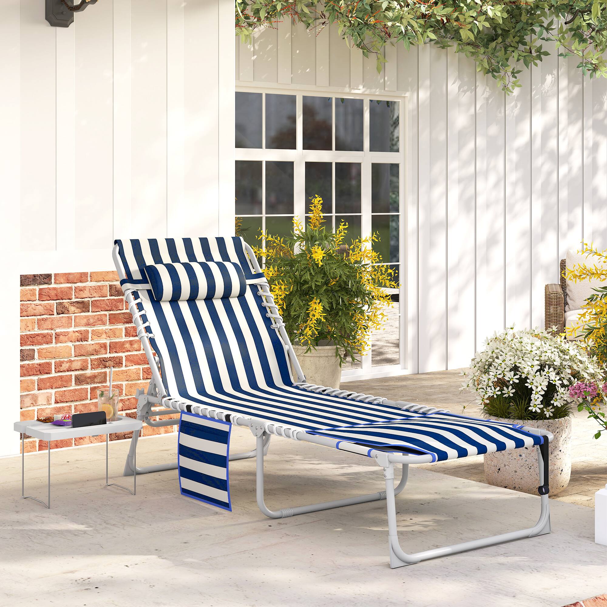 Alt View 1. Outsunny - Chair with Face Hole and Side Table, 5-Position Folding Outdoor Chaise Lounge Chair - Blue and White.