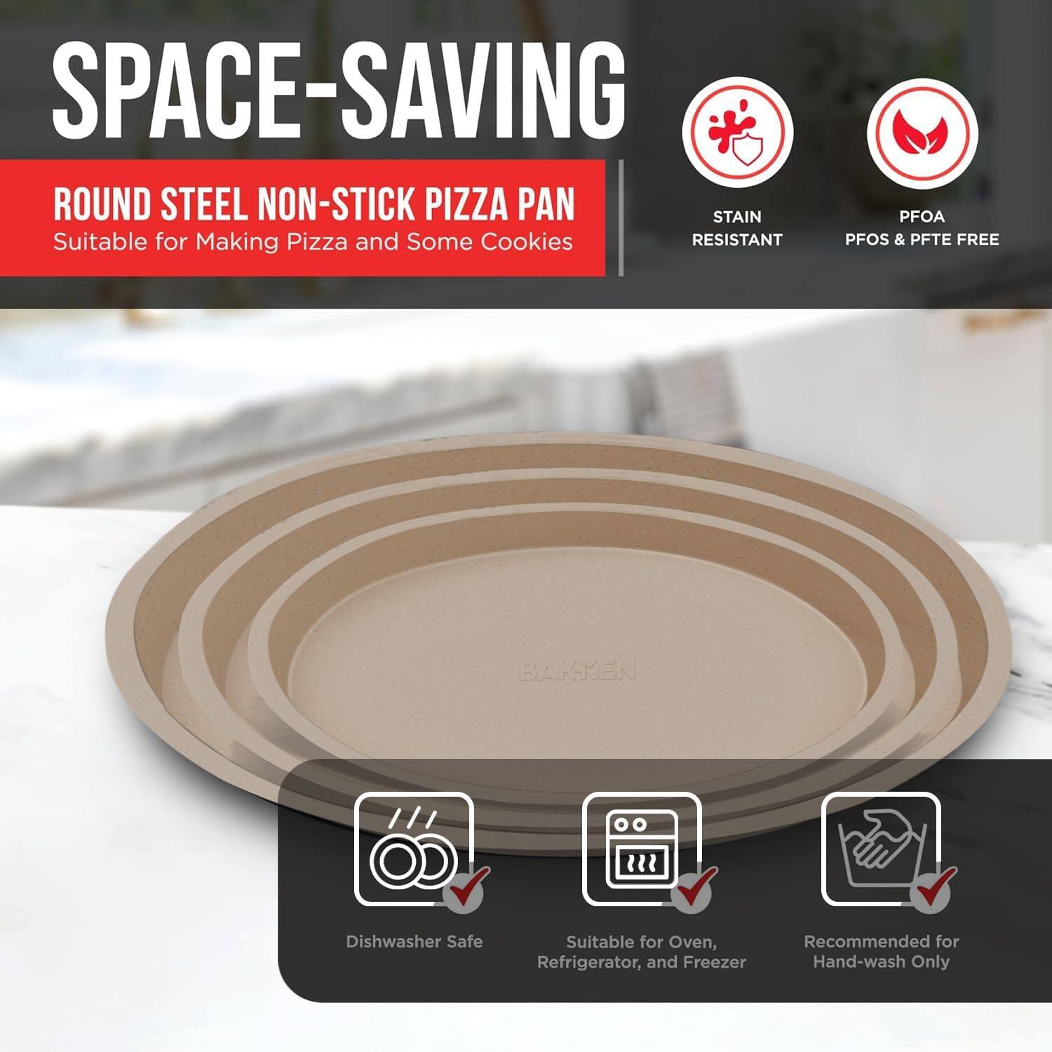 SPACE-SAVING ROUND STEEL NON-STICK PIZZA PAN Suitable for Making Pizza and Some Cookies STAIN RESISTANT PFOA PFOS & PFTE FREE Dishwasher Safe Suitable for Oven, Refrigerator, and Freezer Recommended for Hand-wash Only