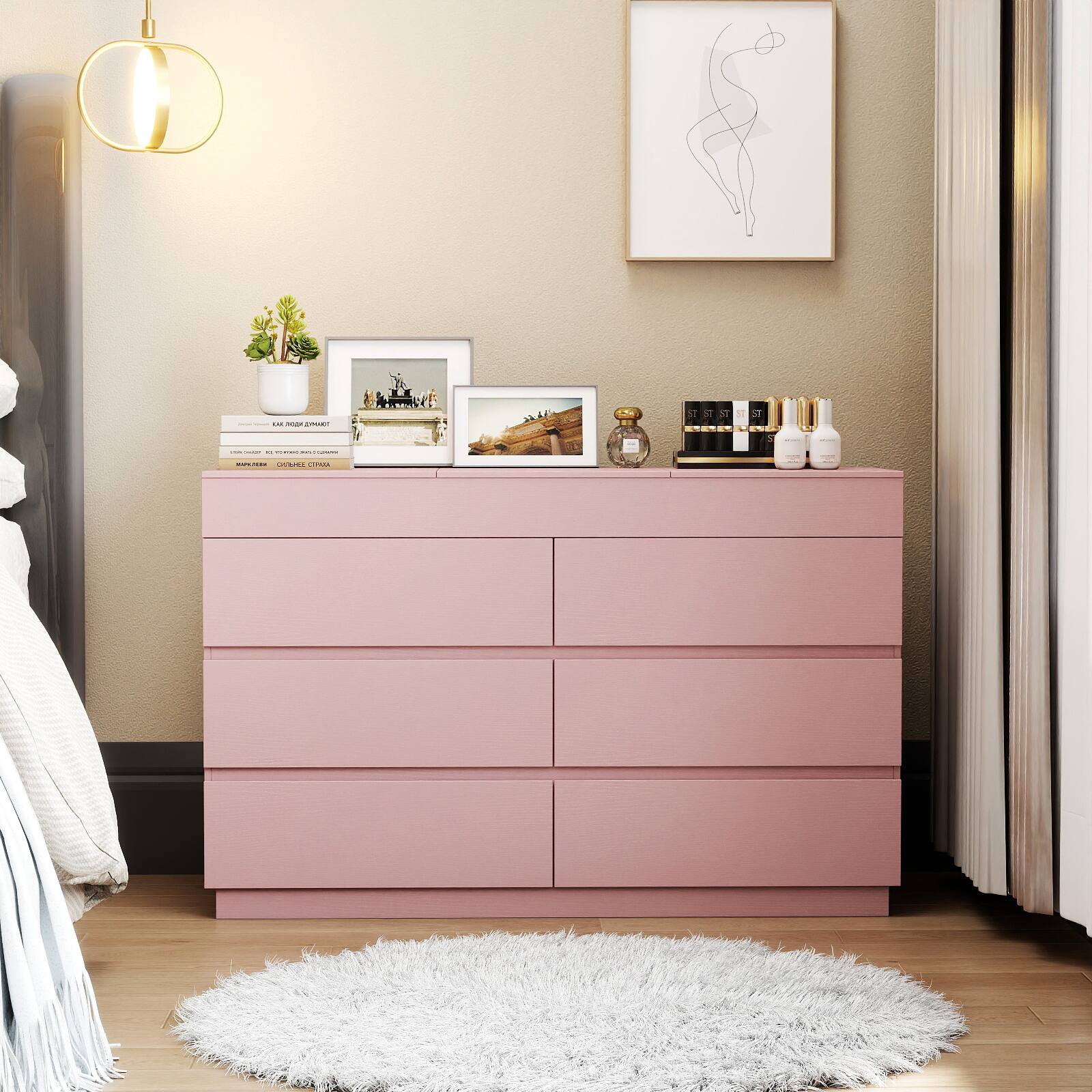 Alt View 4. Winado - 6-Drawer Chests of Drawers Dresser with Flip-Top Mirror and Hidden Compartment Storage Cabinet for Bedroom Living Room - Pink.