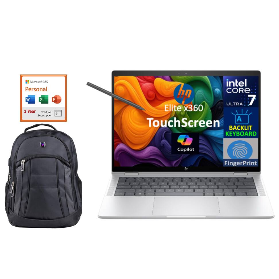 Microsoft 365 Personal  
1 Year Subscription (12 Month)  

HP Elite x360  
TouchScreen  
Intel Core i7 Ultra 7  
Backlit Keyboard  
Copilot  
Fingerprint  

Intel Core i7  
Ultra 7