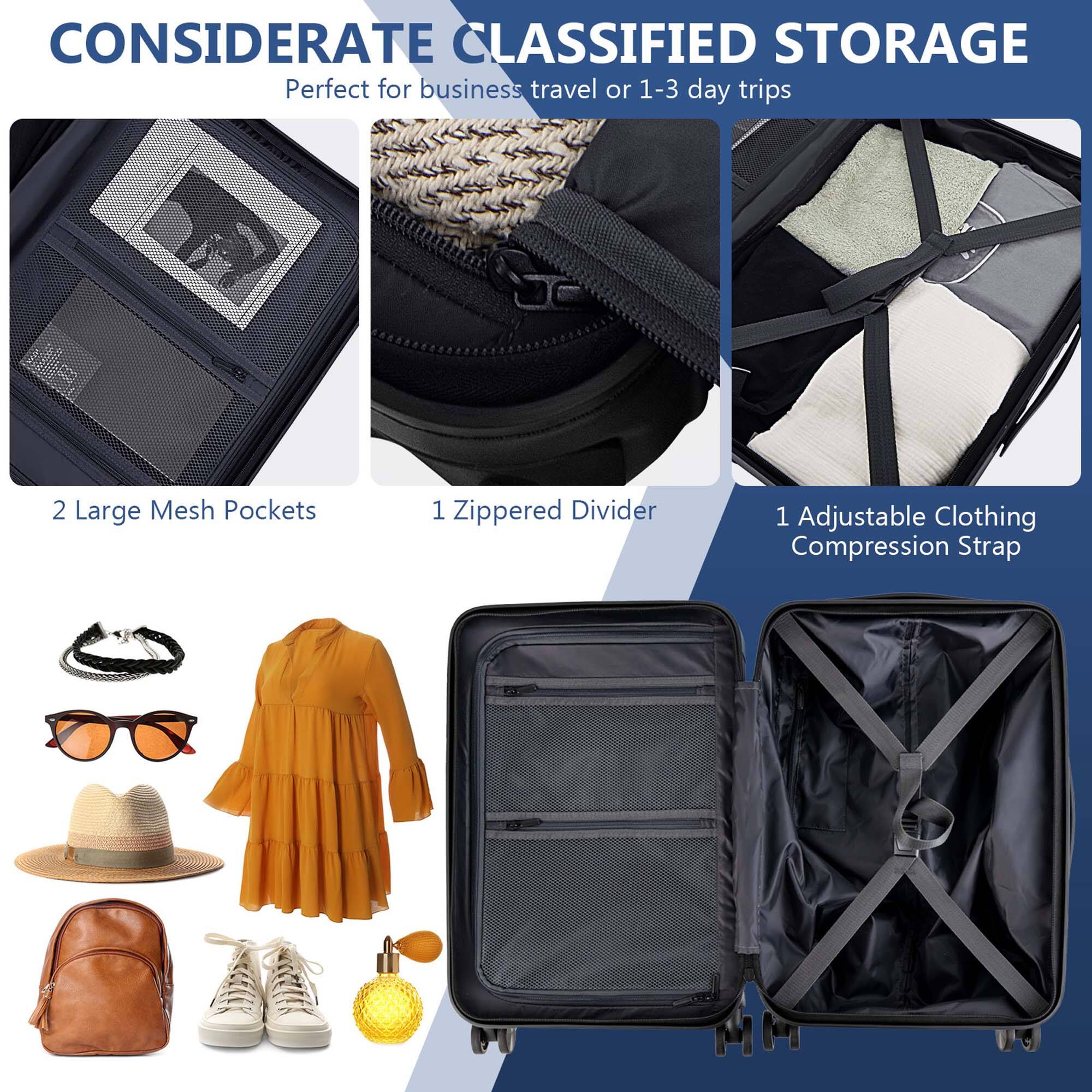 Considerate Classified Storage: Perfect for business travel or 1-3 day trips. Features include 2 large mesh pockets, 1 zippered divider, and 1 adjustable clothing compression strap.