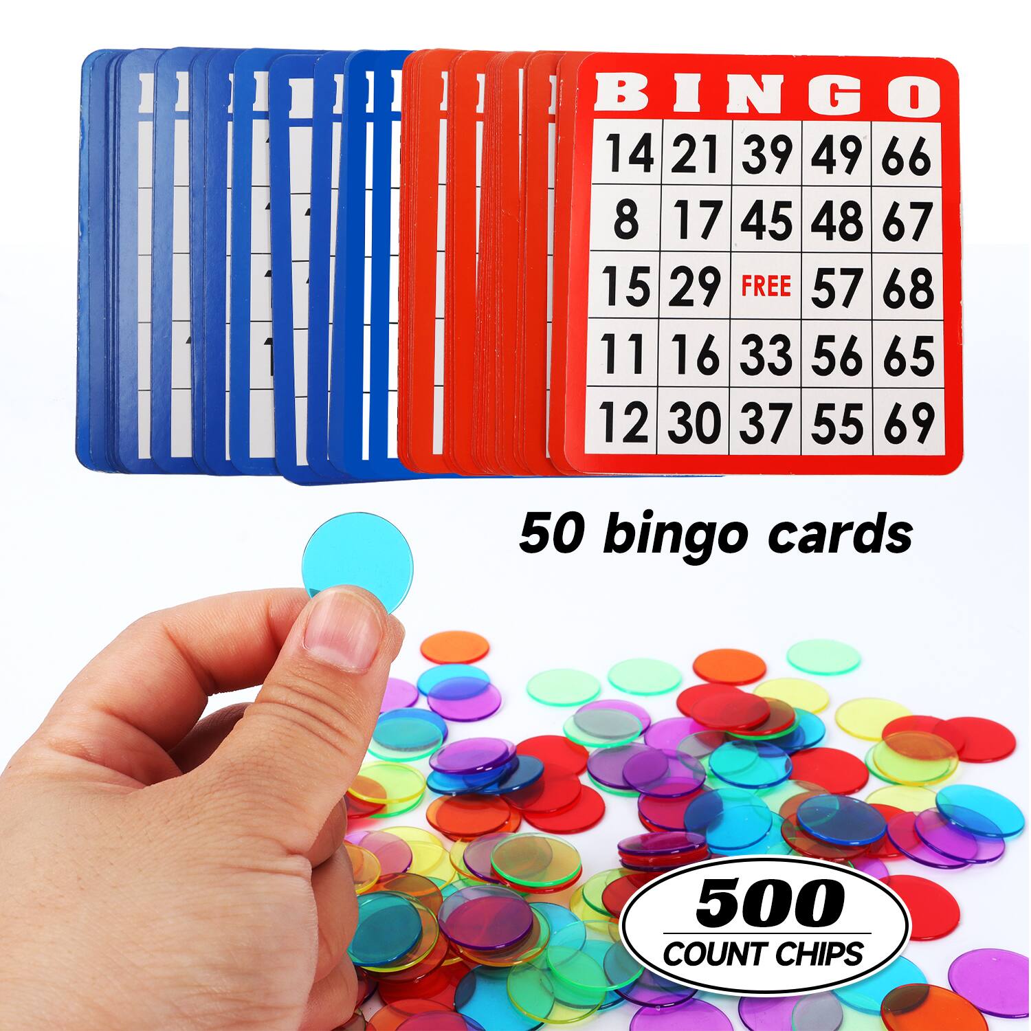BINGO 14 21 39 49 66 8 17 45 48 67 15 29 FREE 57 68 11 16 33 56 65 12 30 37 55 69 50 bingo cards 500 COUNT CHIPS