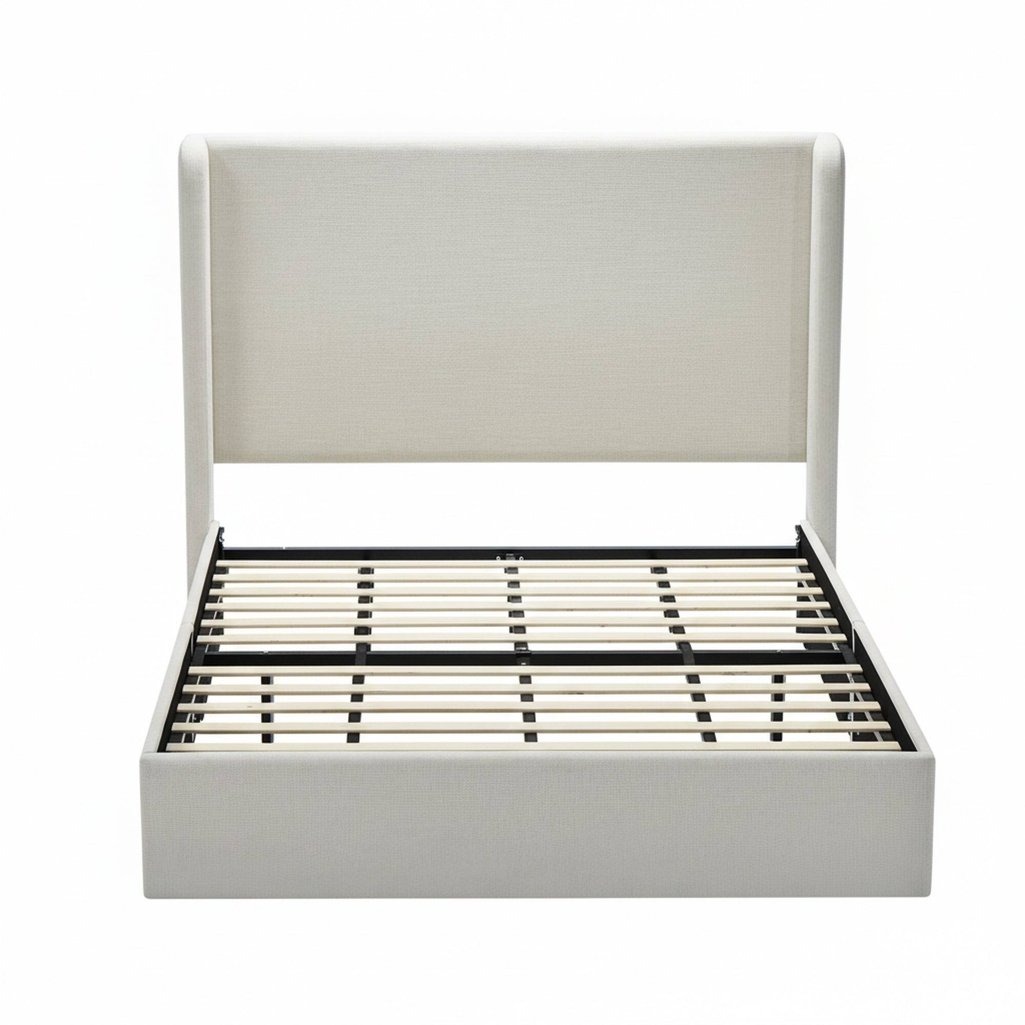 Boyel Living - Queen Upholstered Wingback Platform Bed 54 Inch Headboard No Box Spring Easy Assembly Textured Ivory Chenille - Beige