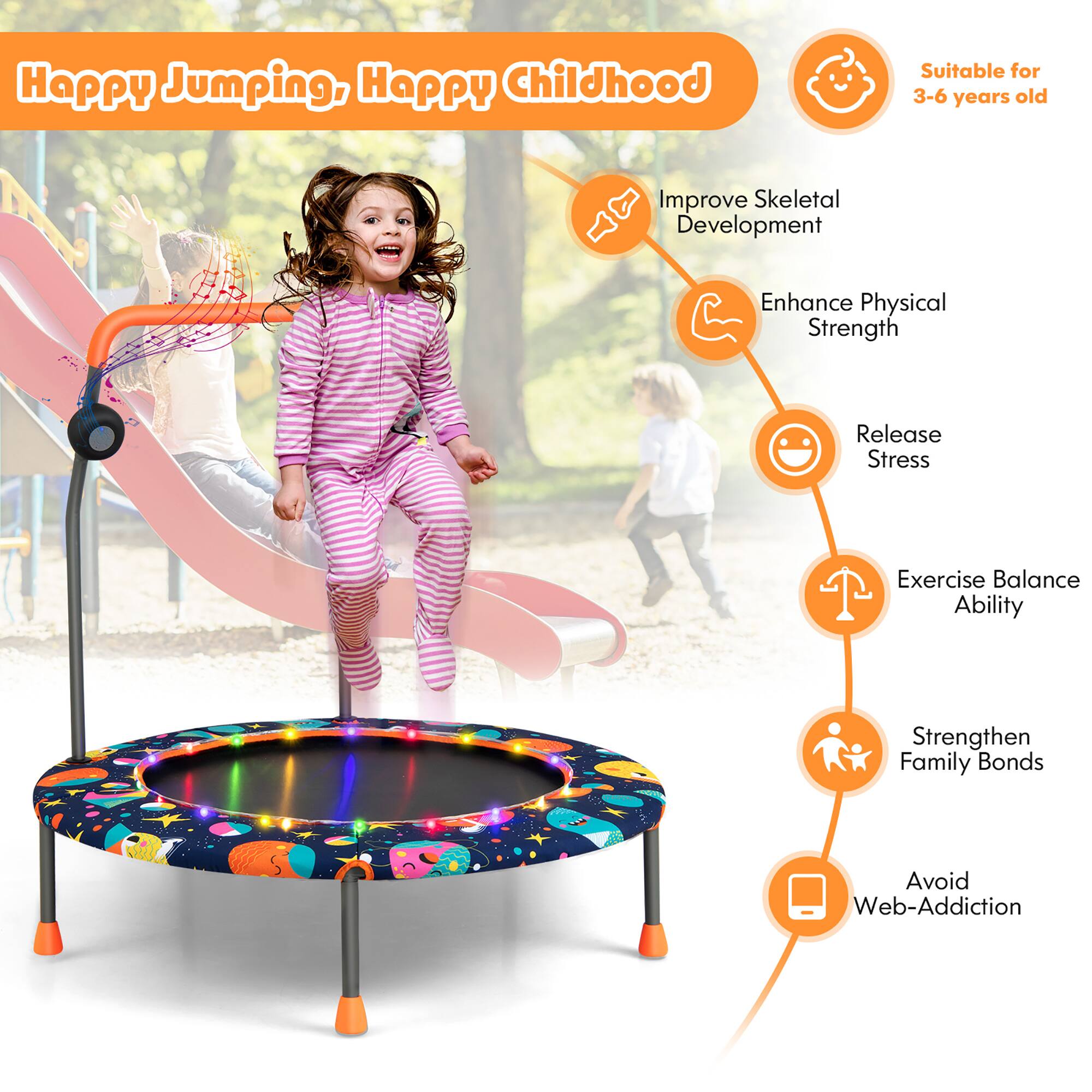 Happy Jumping, Happy Childhood

Suitable for 3-6 years old

- Improve Skeletal Development
- Enhance Physical Strength
- Release Stress
- Exercise Balance Ability
- Strengthen Family Bonds
- Avoid Web-Addiction